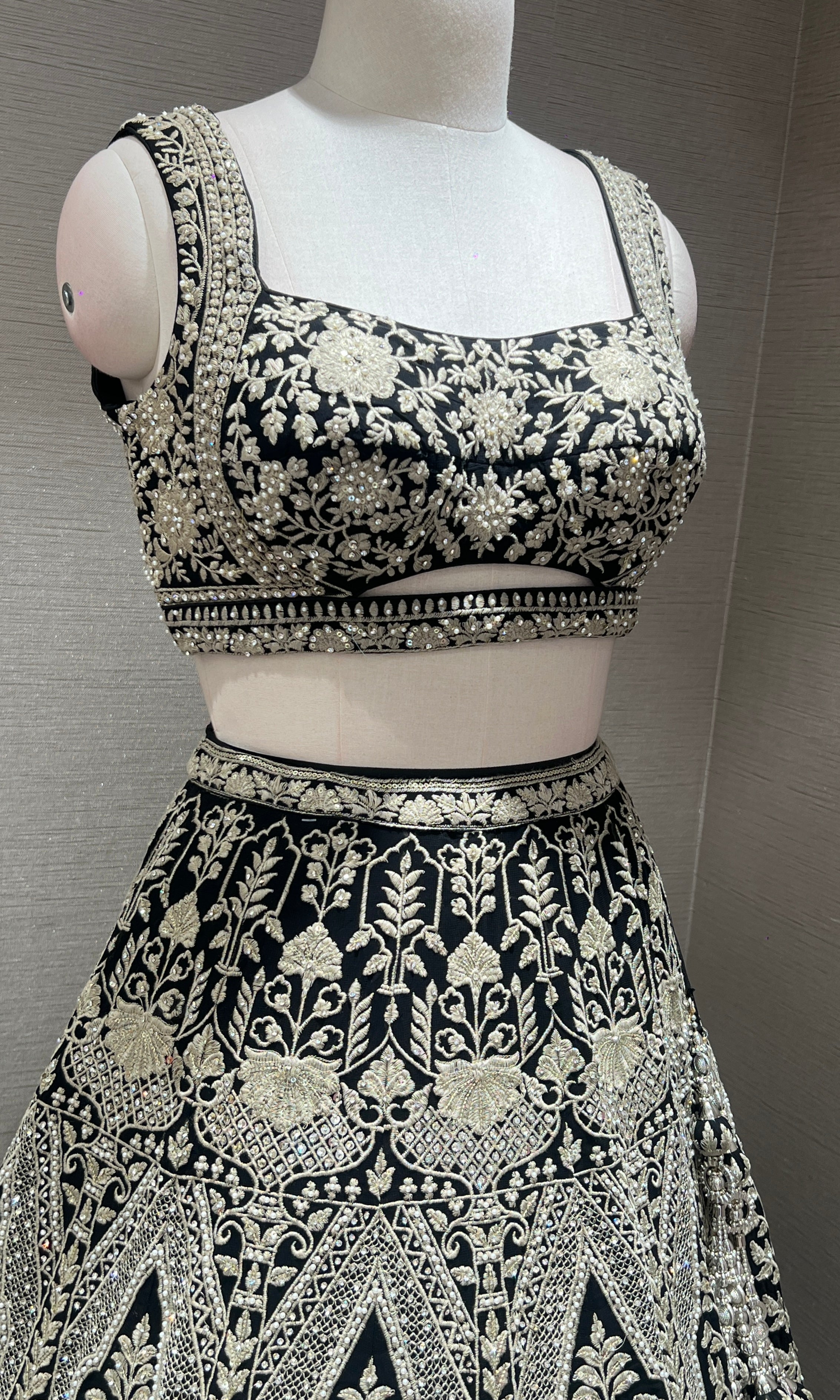 Black lehenga with intricate embroidered