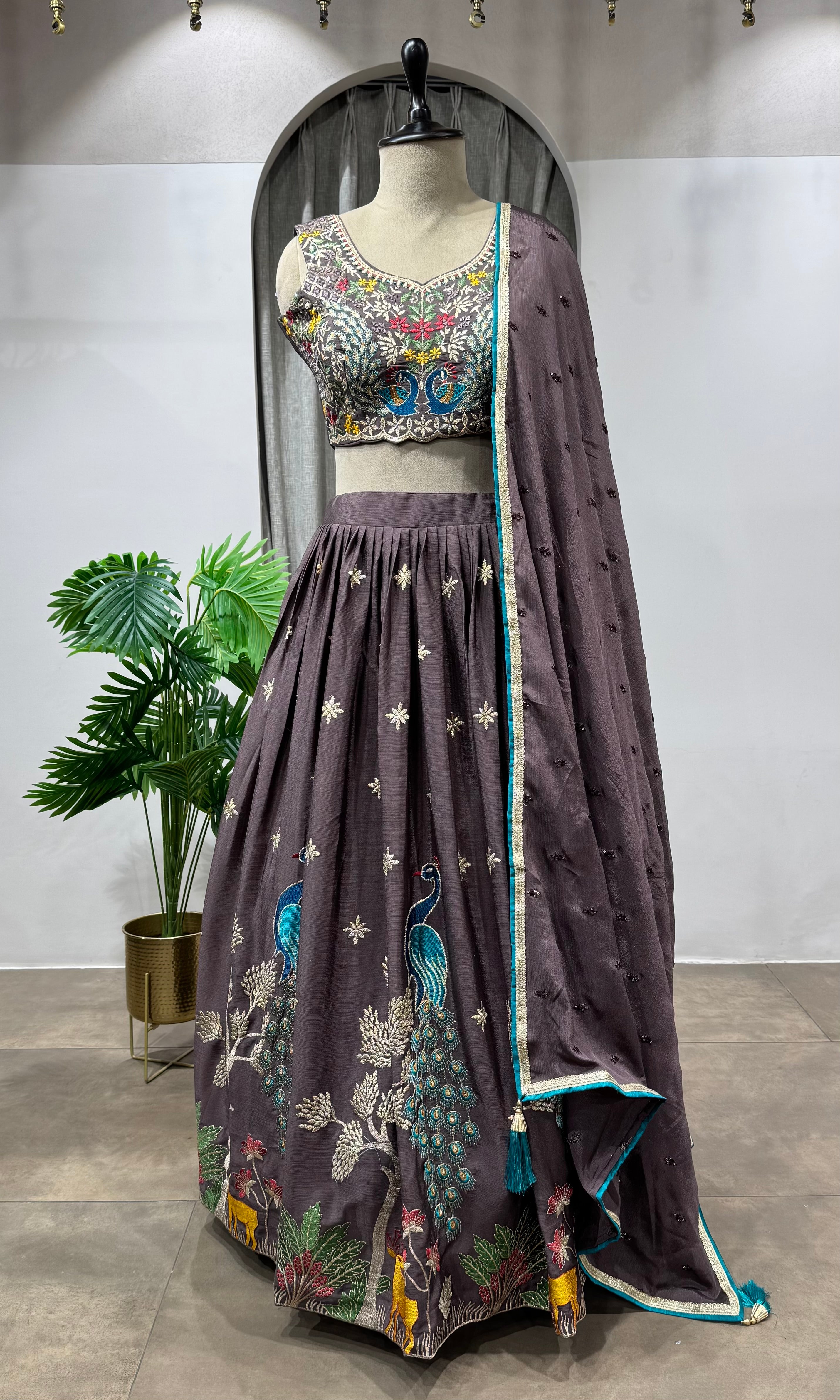 Brown Enchanted Forest Peacock Lehenga