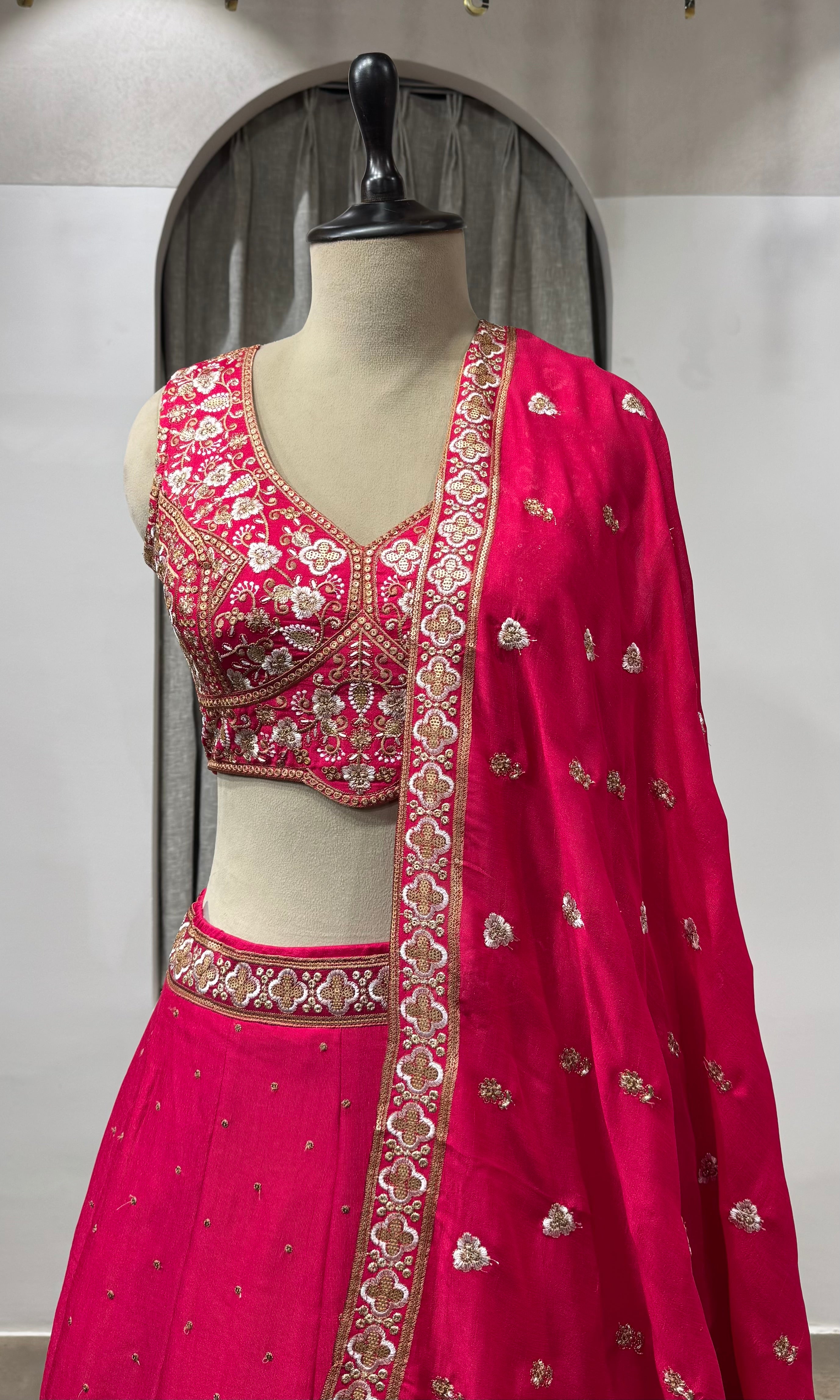 pink raw silk embroidered lehenga set