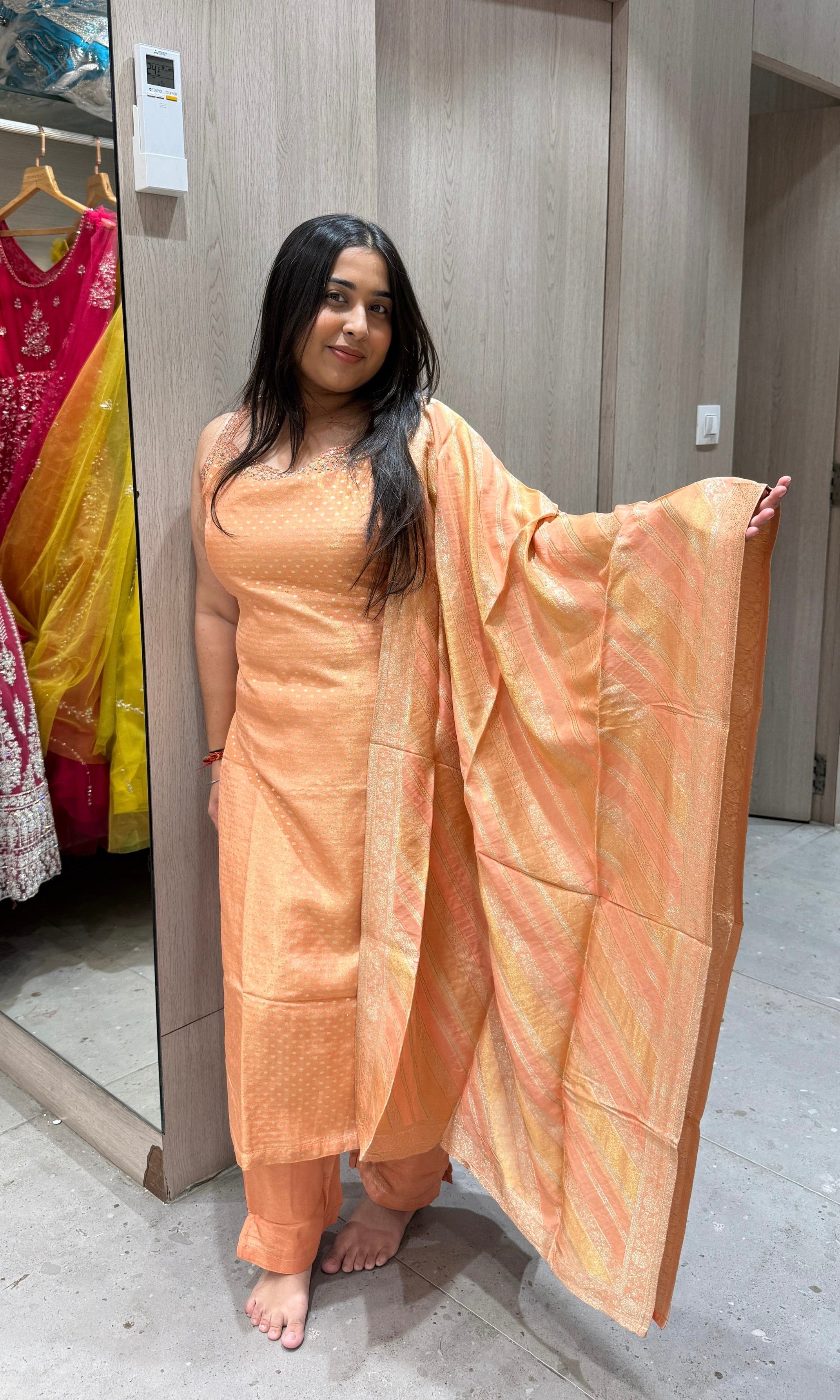 peach and gold Banarasi kurta set