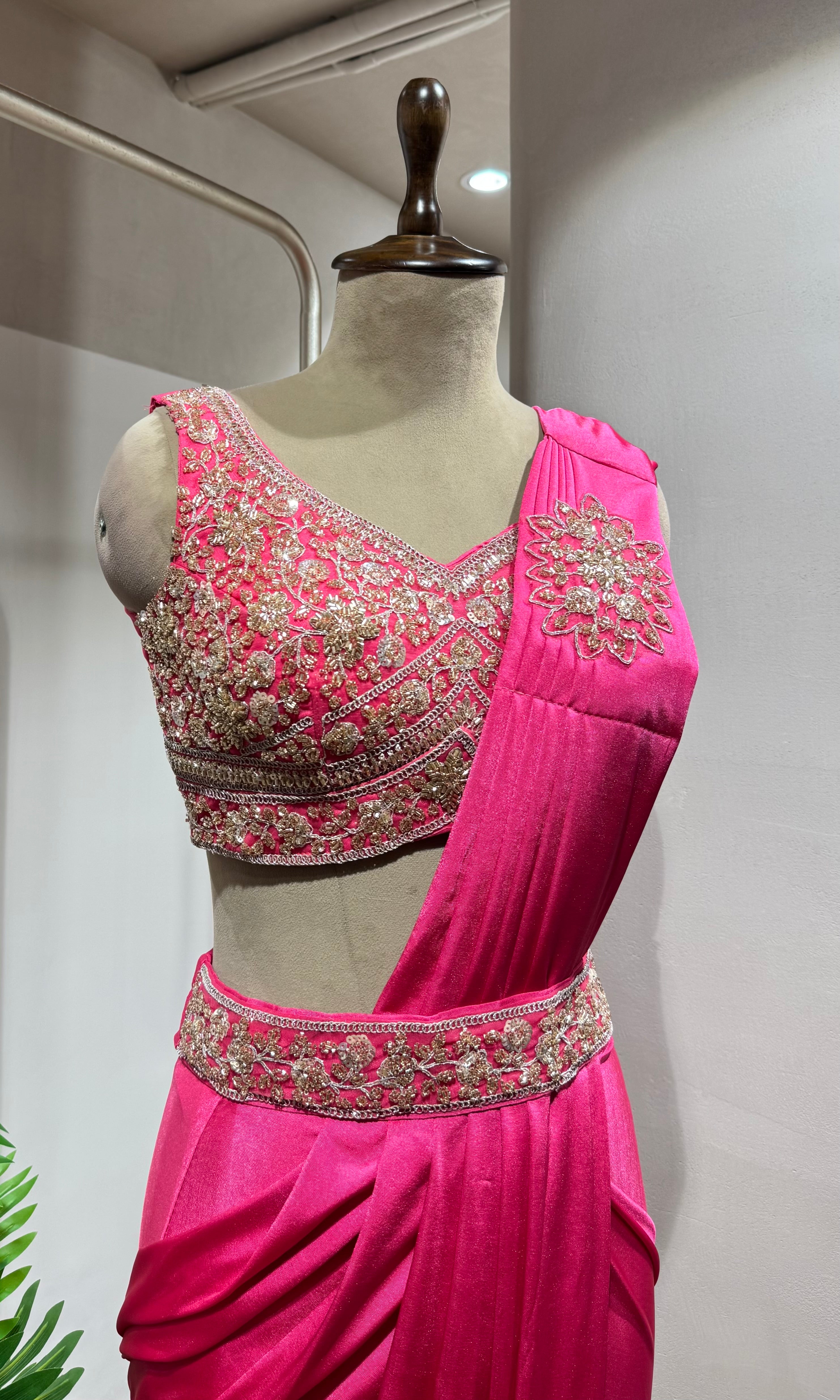 PINK DRAPE SAREE WITH EMBROIDERED BLOUSE & BELT