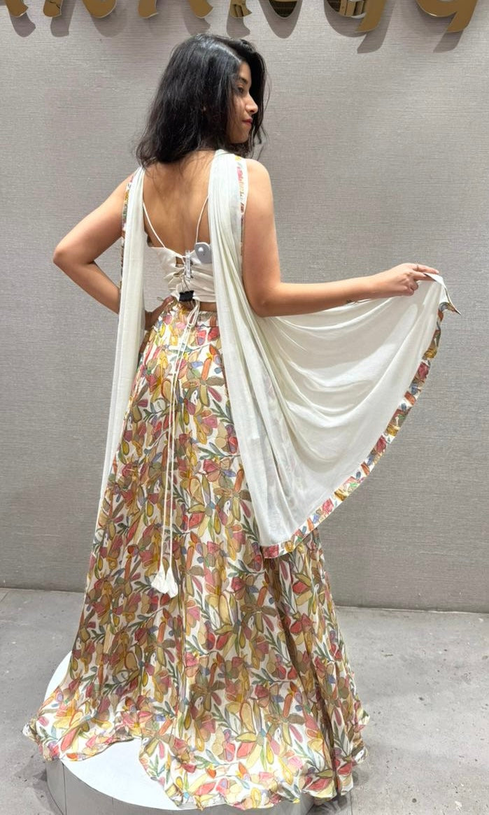 FLORAL LEHENGA WITH WHITE CORSET BLOUSE