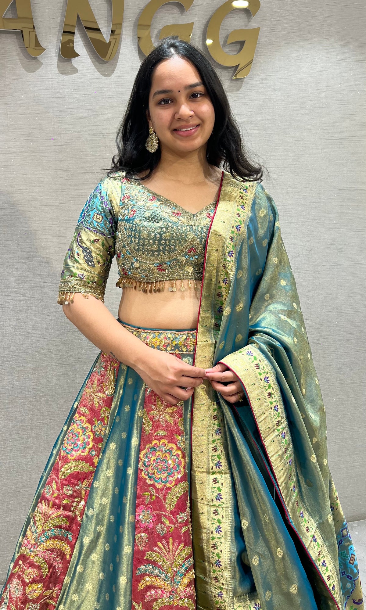 Rama and Golden banarasi Embroidered Silk Lehenga set