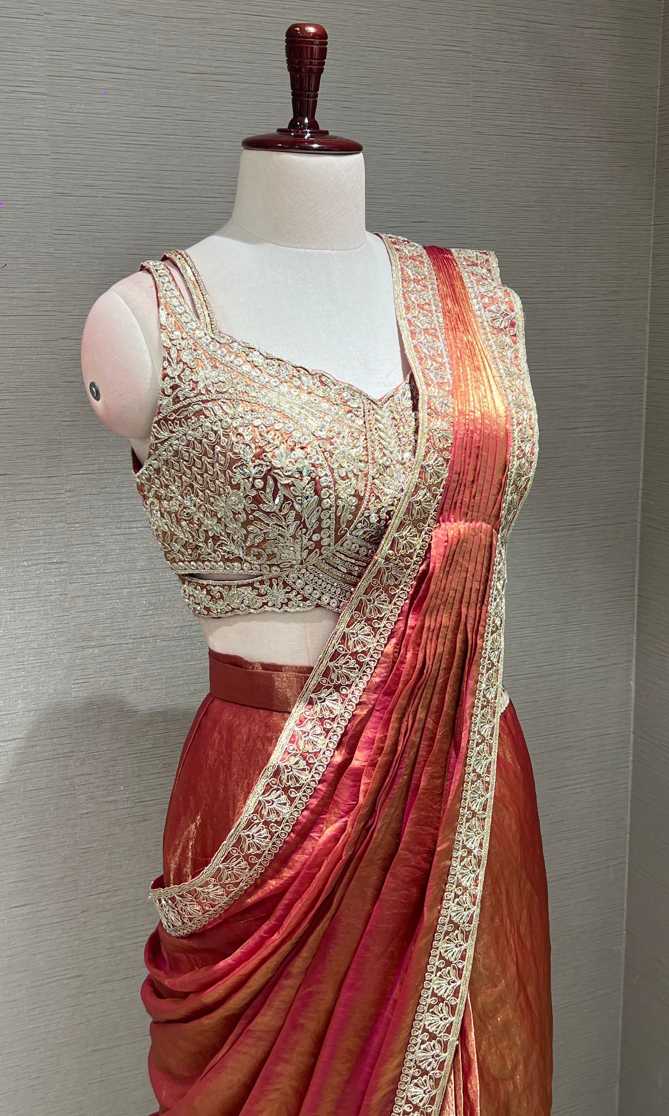Rust Gold Drape SAREE WITH CORSET BLOUSE
