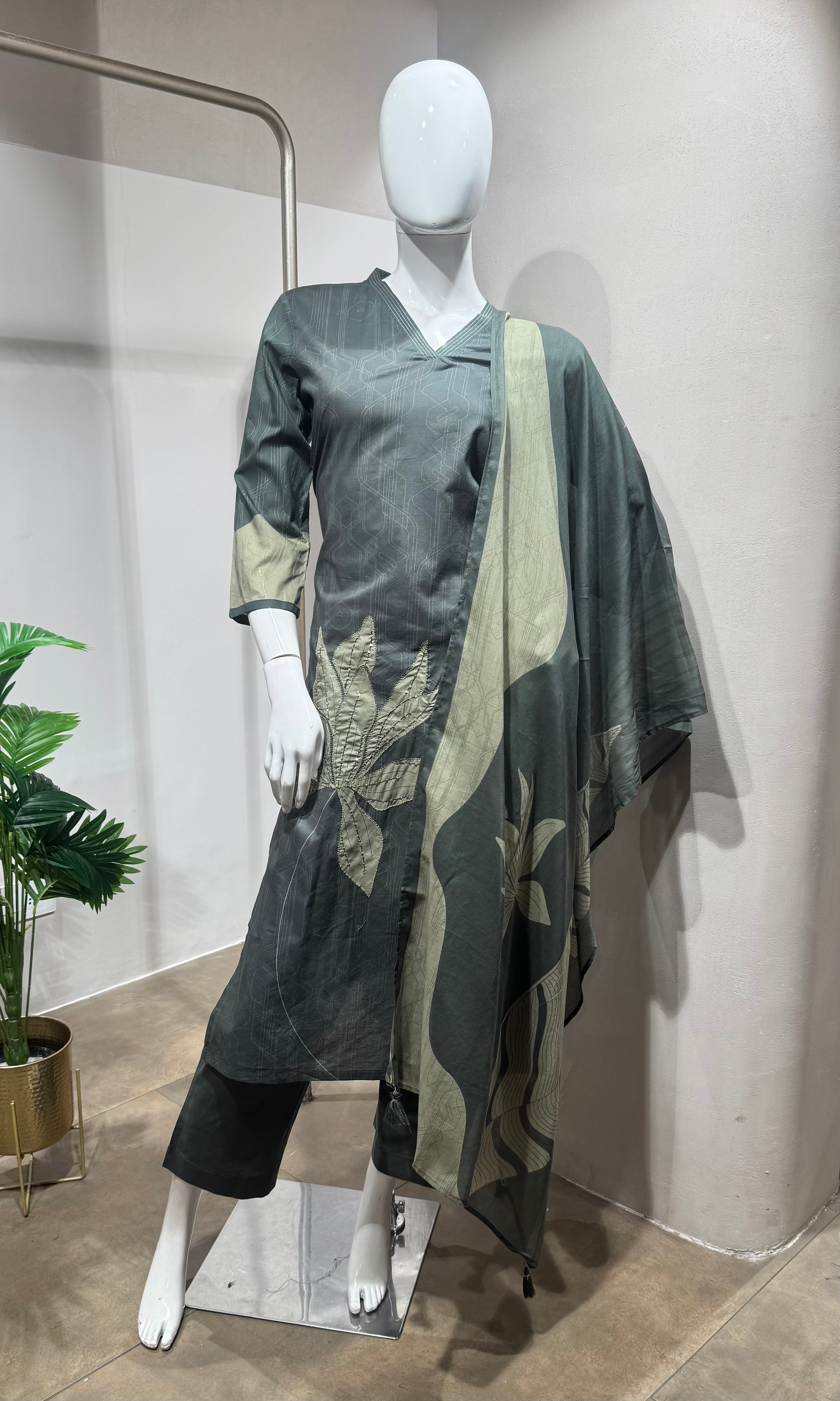 Green V-Neck Floral Embroidered kurta set