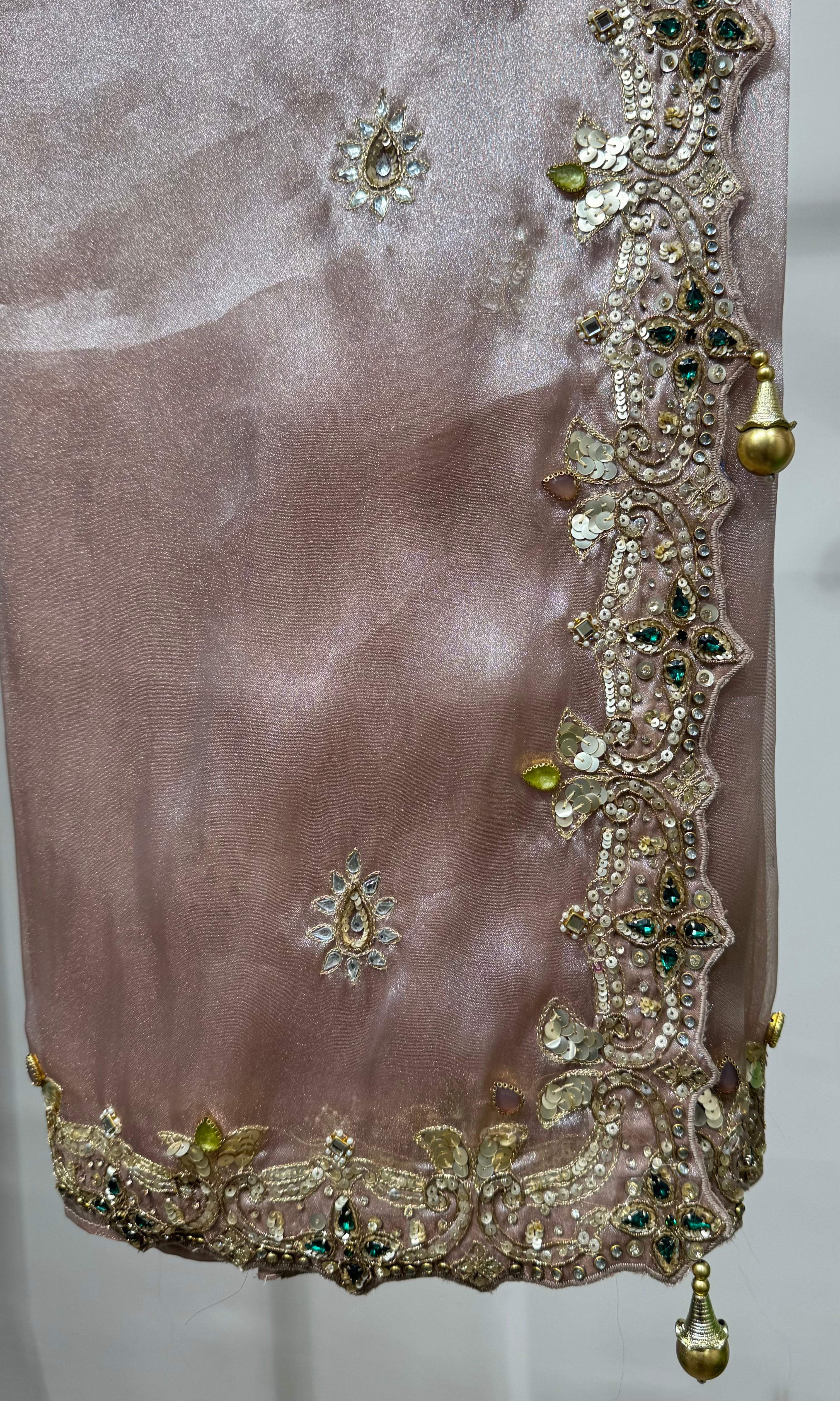 Onion pink Shimmer Saree with Multi-Stone Blouse