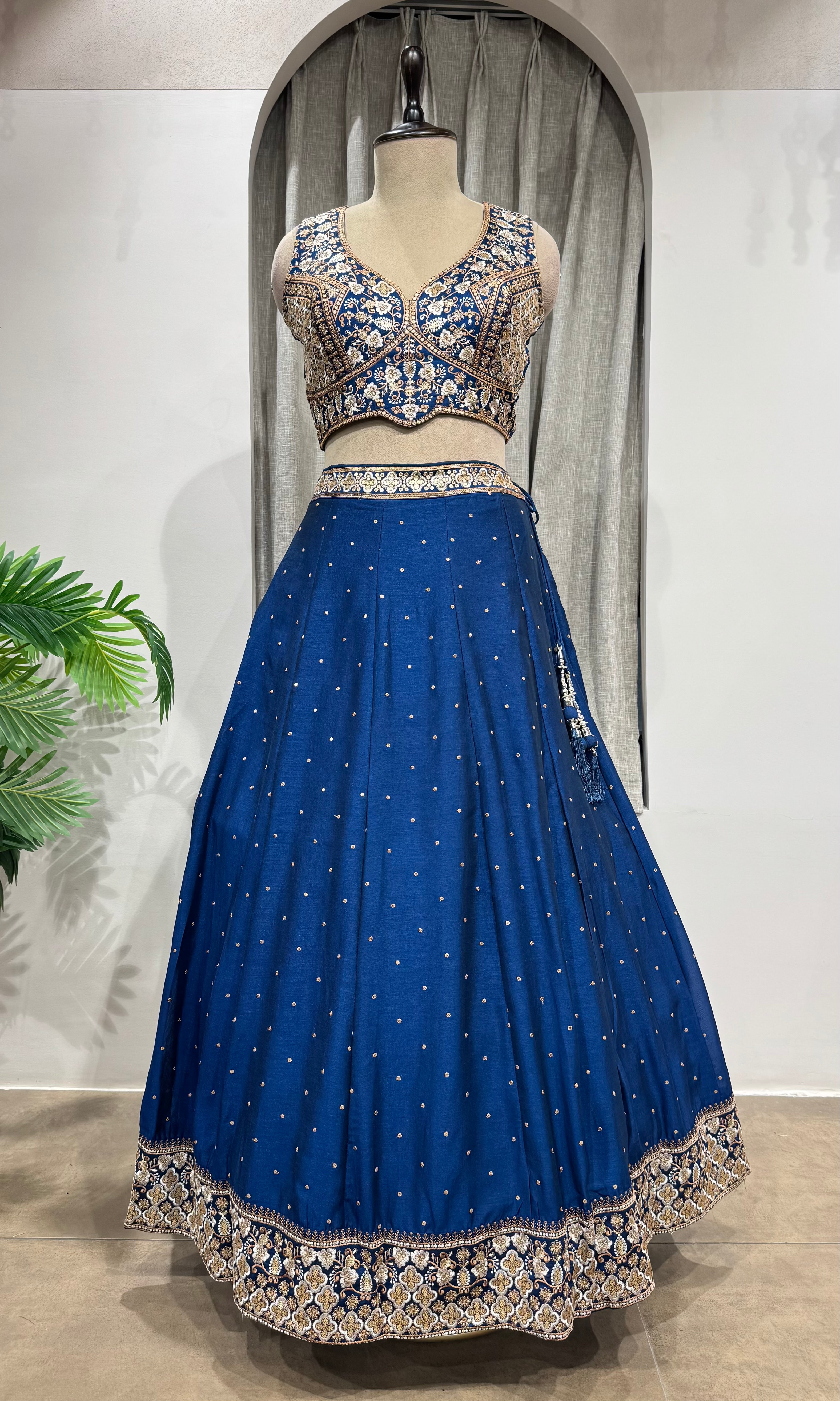 blue intricate silver & gold embroidery Lehenga