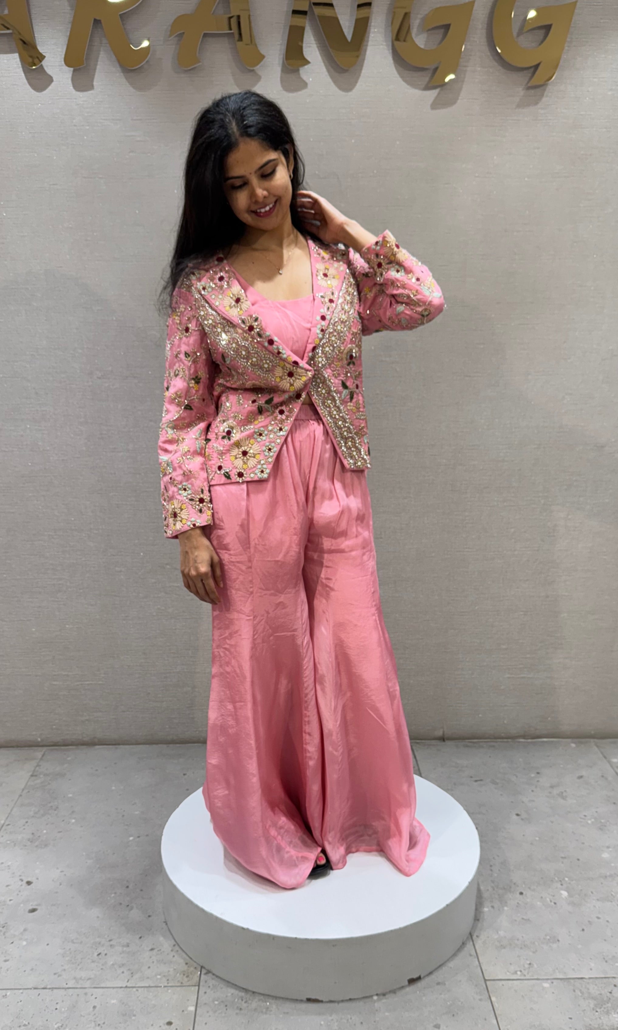 Baby Pink Silk Floral Jacket with Palazzo pants