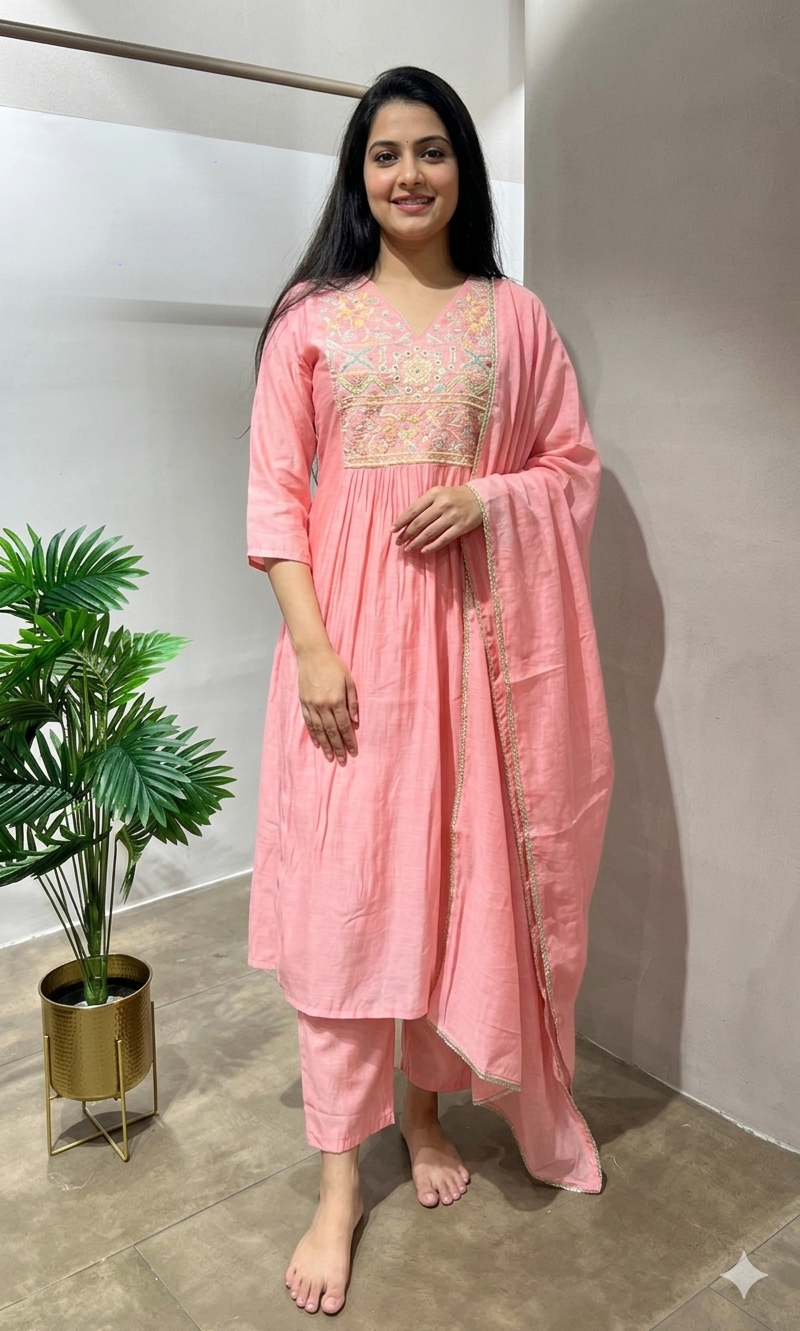 BLUSH PINK MUL CHANDERI KURTA SET