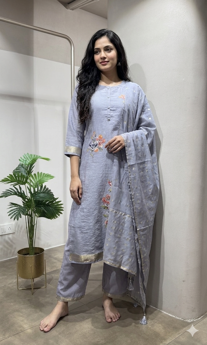 lilac Embroidered Straight Kurta set