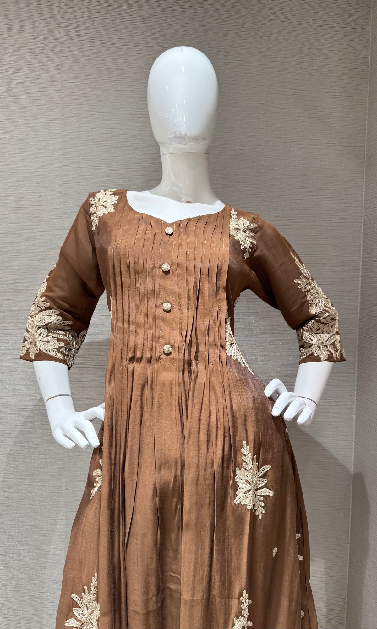 Brown Floral Mul Chenderi Kurta set with Dupatta