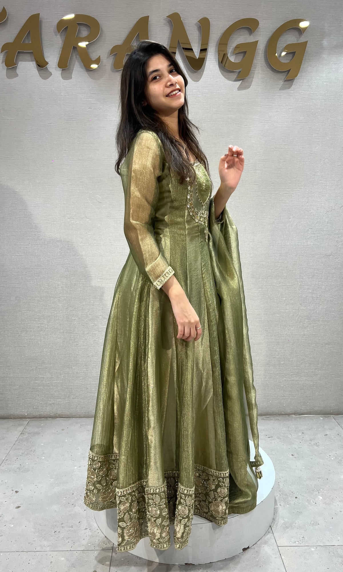 Olive Green Shimmer Embroidered Anarkali set with dupatta