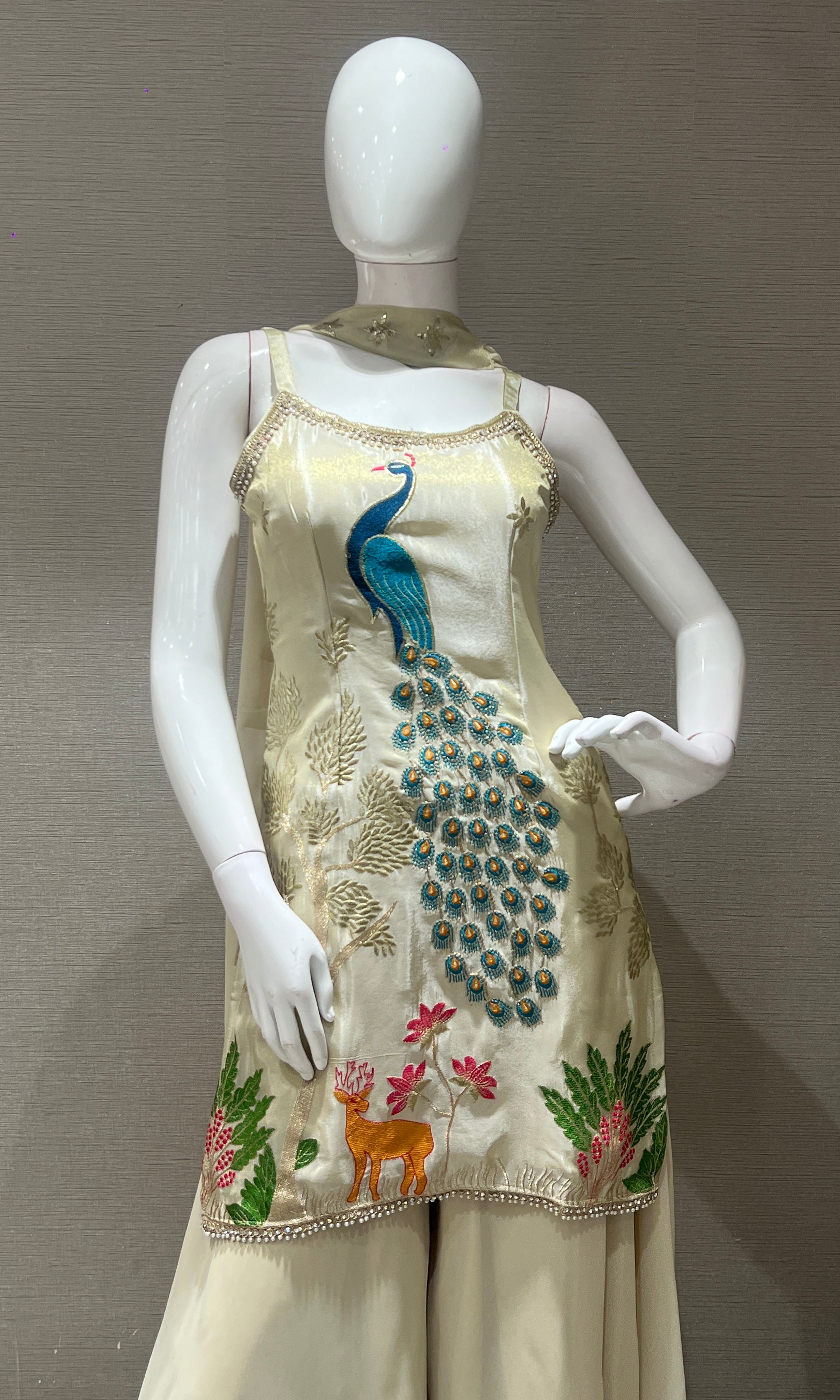 Cream PEACOCK EMBROIDERED palazzo