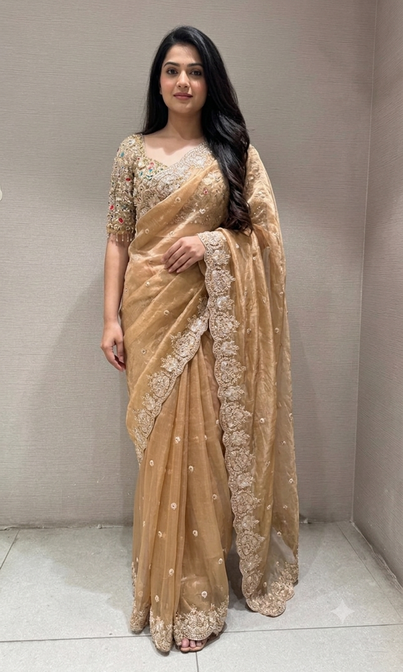 beige net designer saree with embroidered blouse