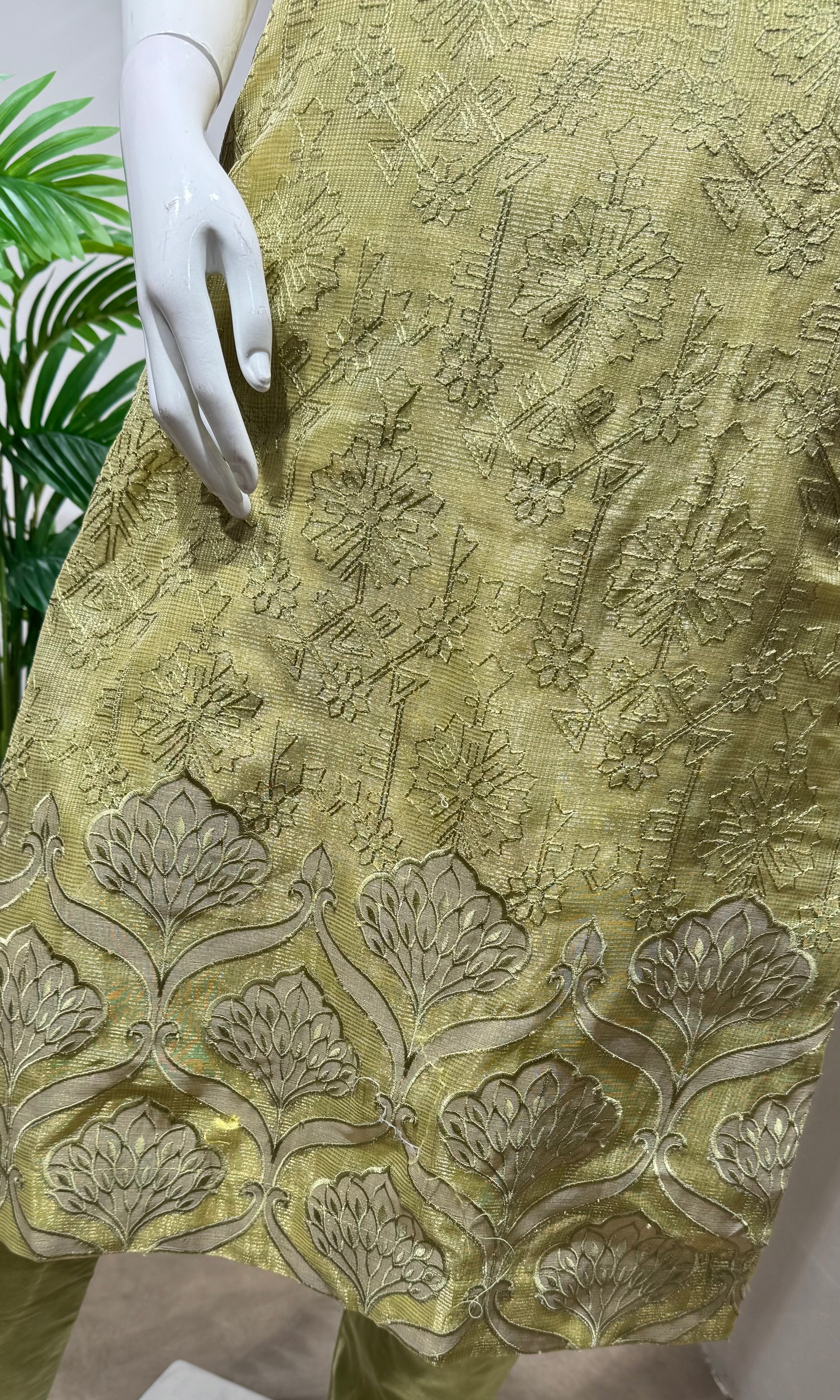 mehandi green embroidered tissue kurta set