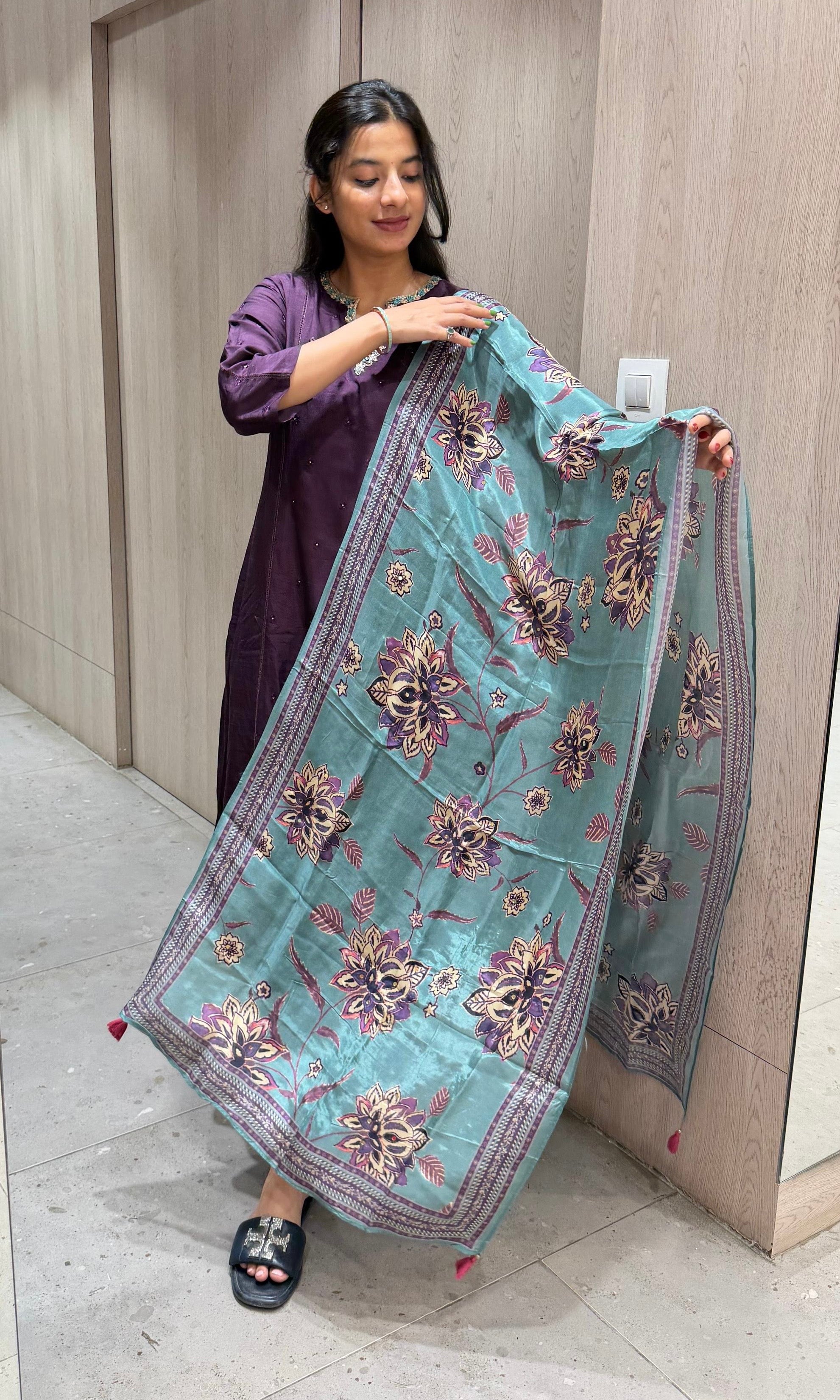 wine kurta set with floral printed dupatta