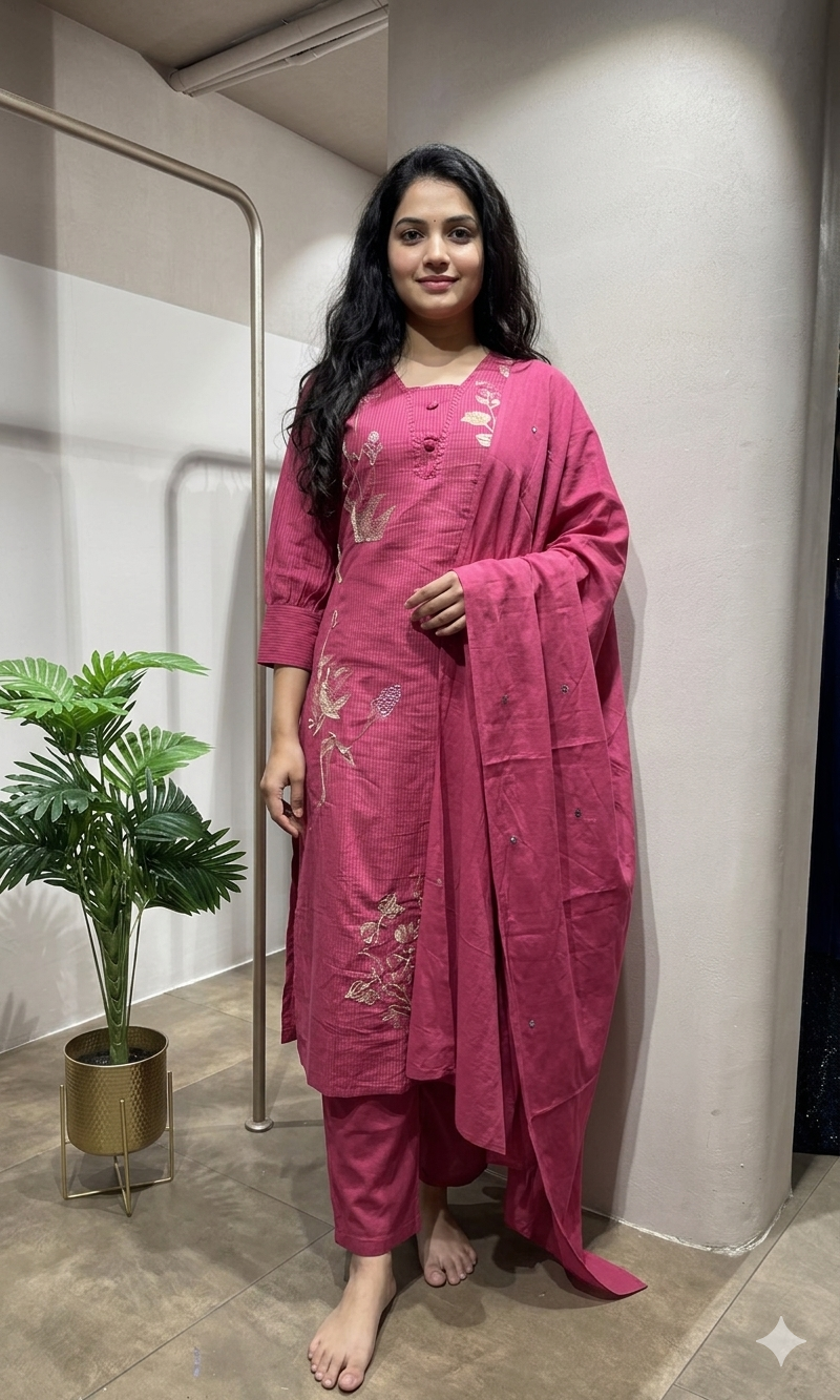 Pink Floral Embroidered Kurta Set
