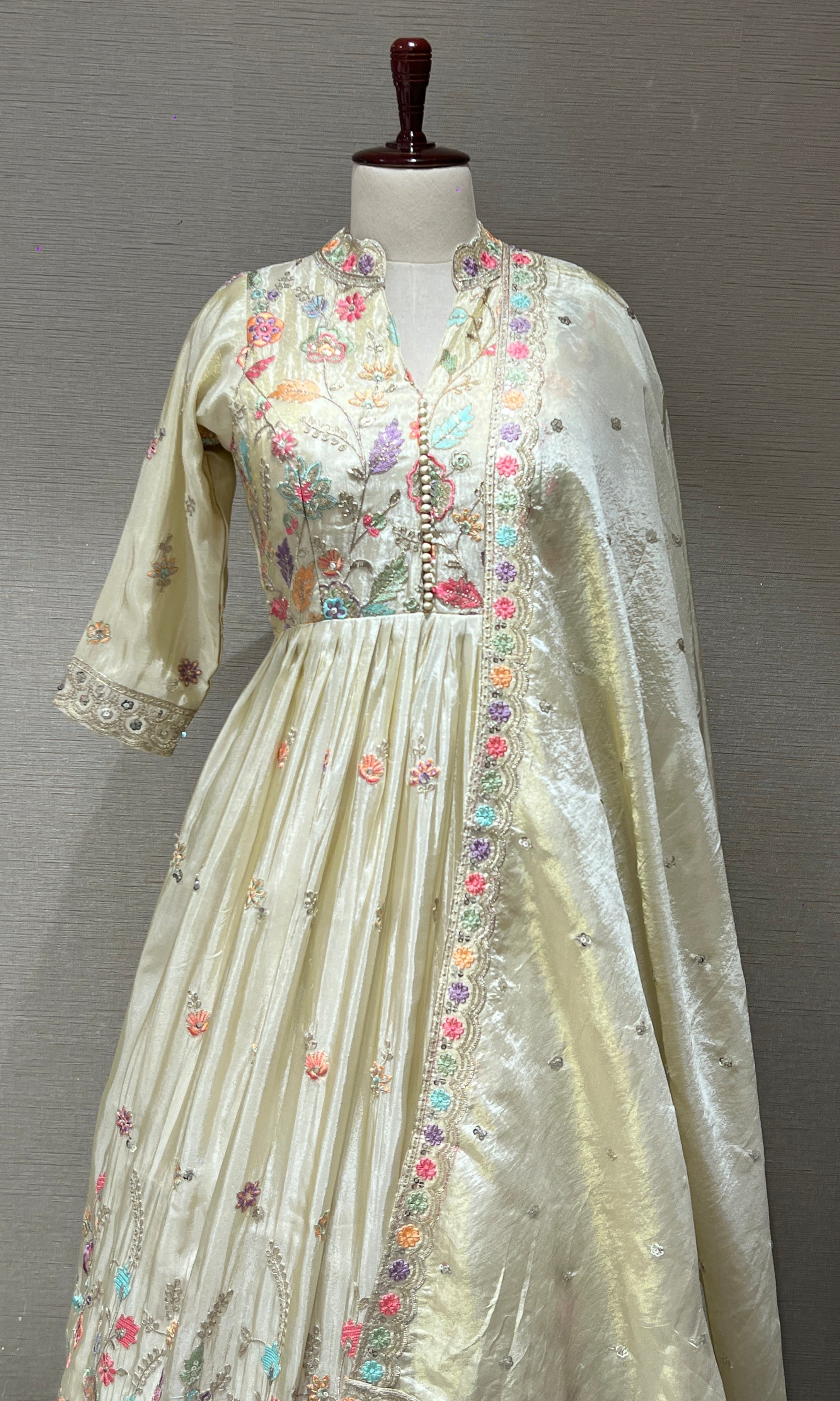 Pearl Glow Cream Anarkali Gown with Floral Detailing