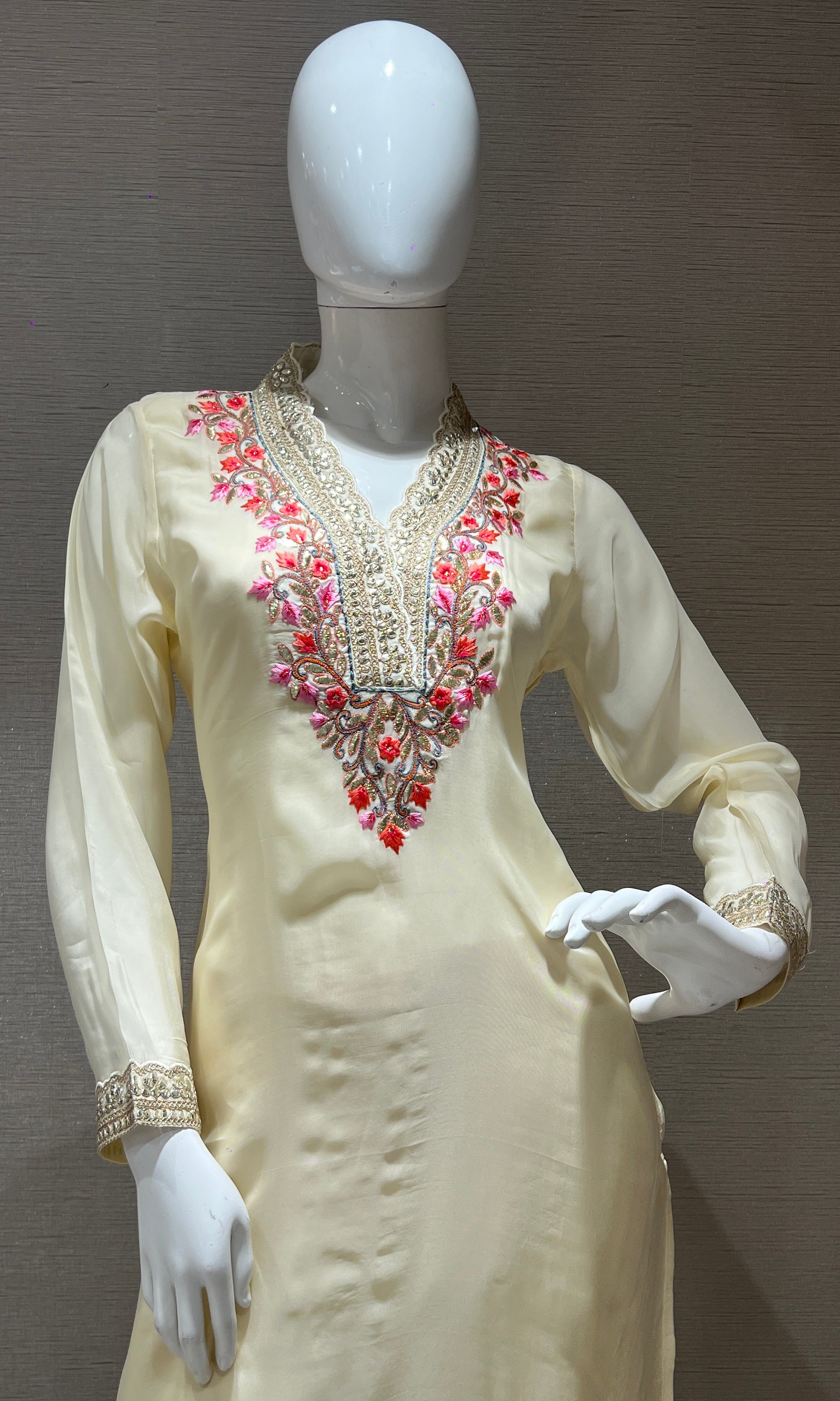 Cream embroidered kurta set with printed dupatta