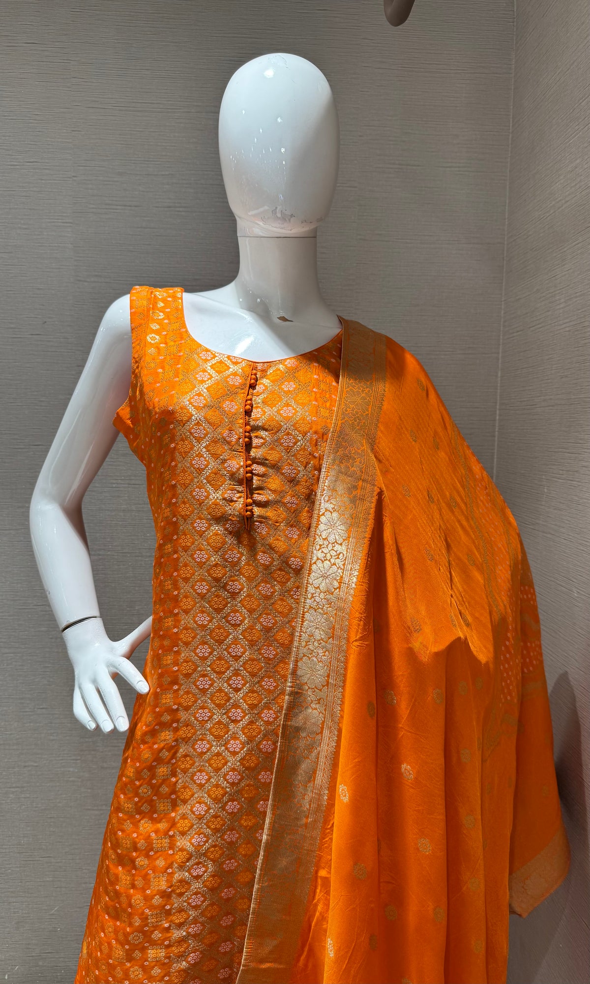 Orange Banarasi Silk Kurta Set with Gold border Dupatta