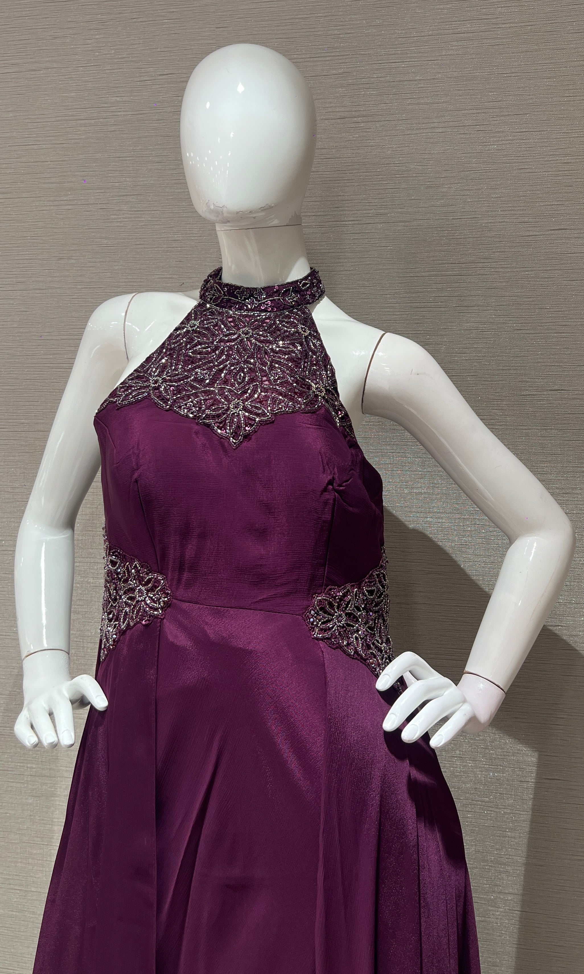 Burgundy Wine Embellished Halter Anarkali Frock