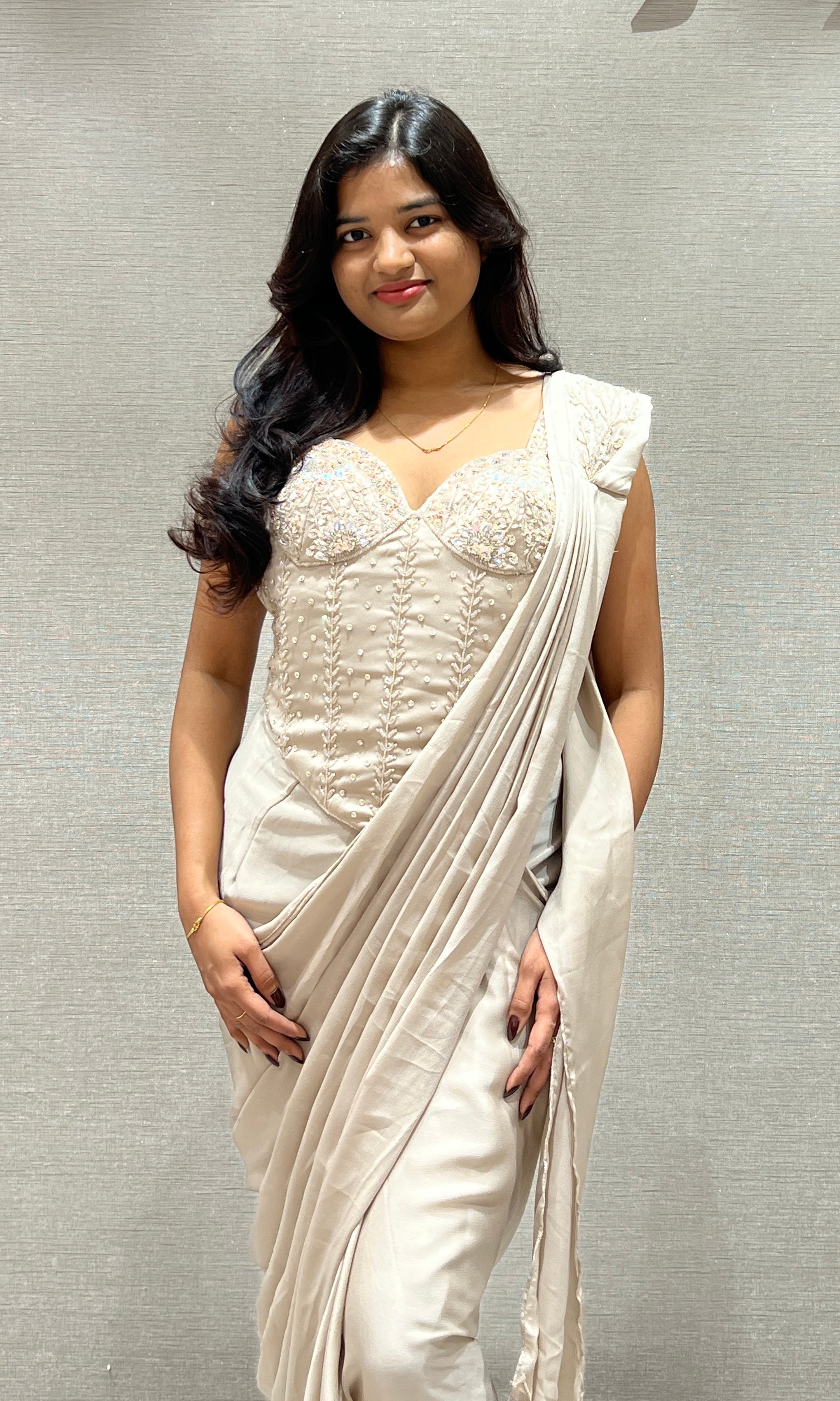 Beigh Drape Saree with Embroidered Corset Top