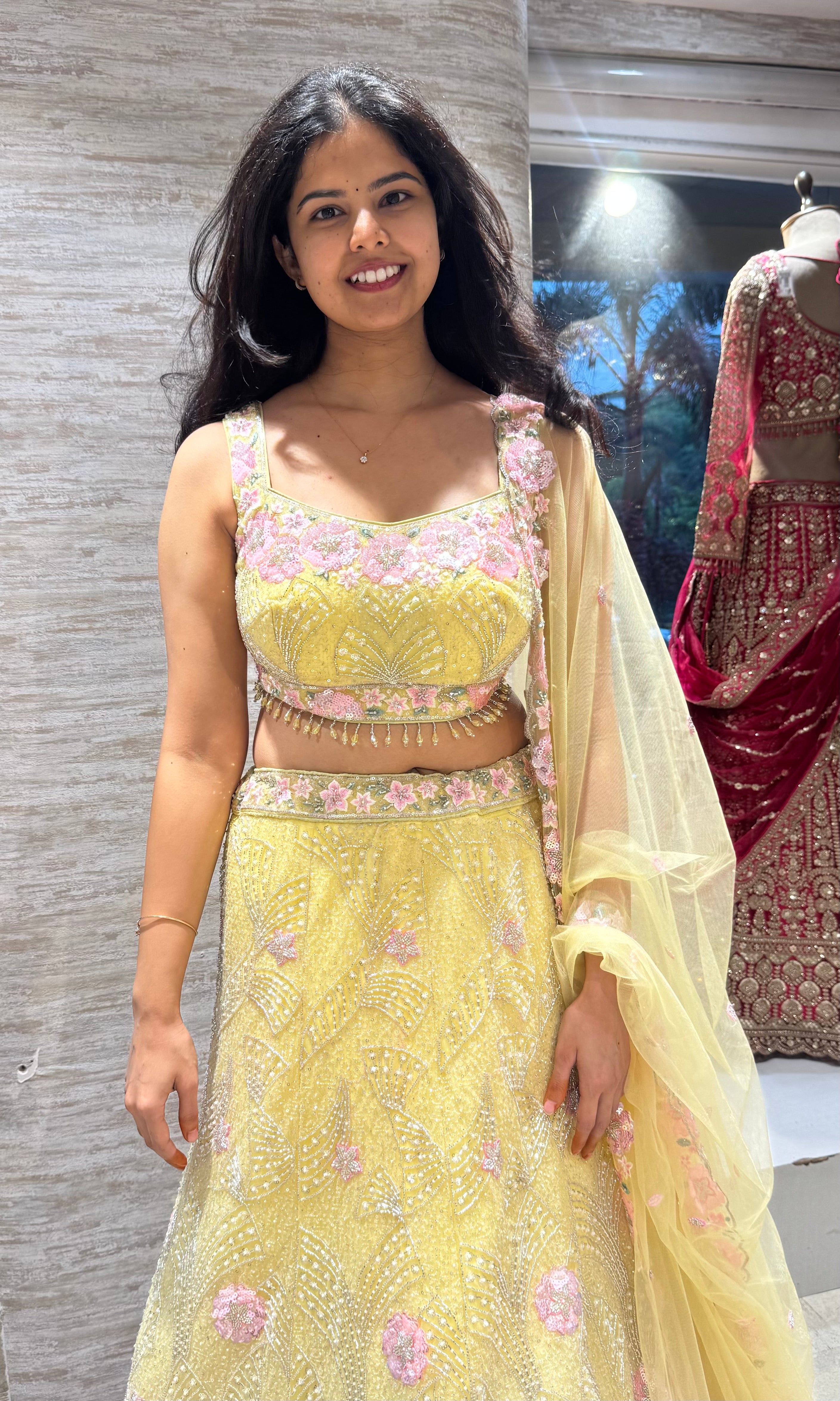 Yellow Embroidered Lehenga Set with Pink Floral