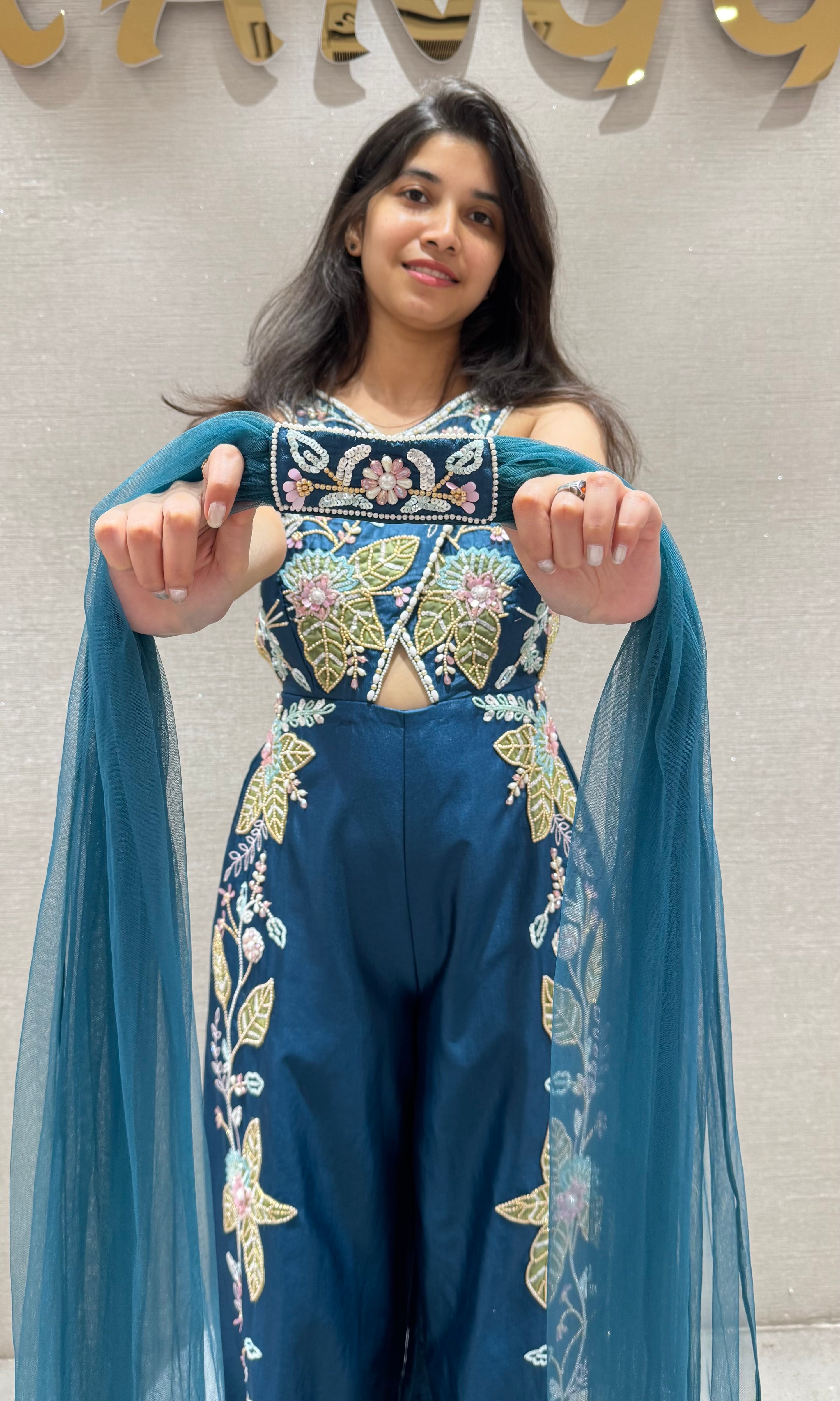 Teal blue Halter embellished jumpsuit