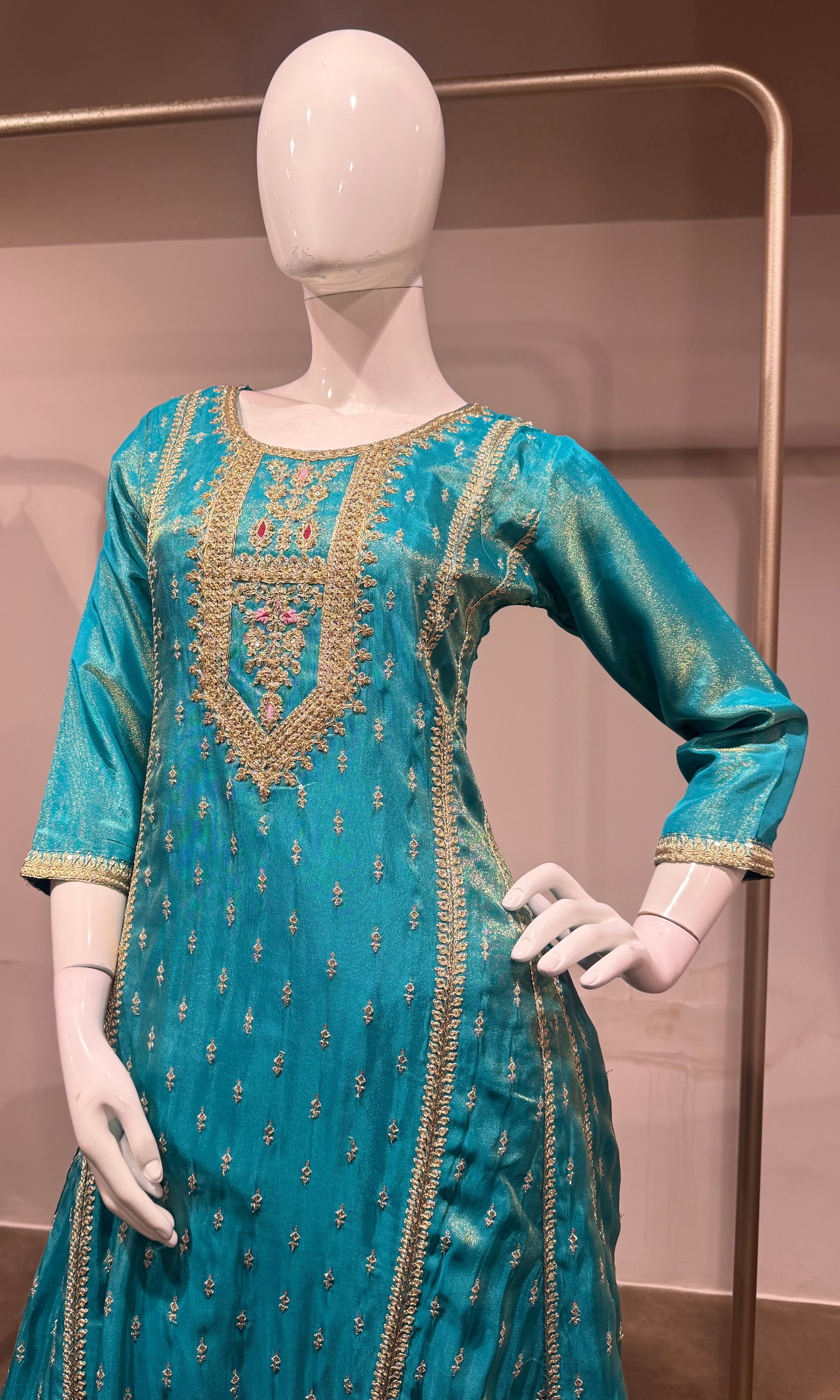 Blue golden embroidered kurta set