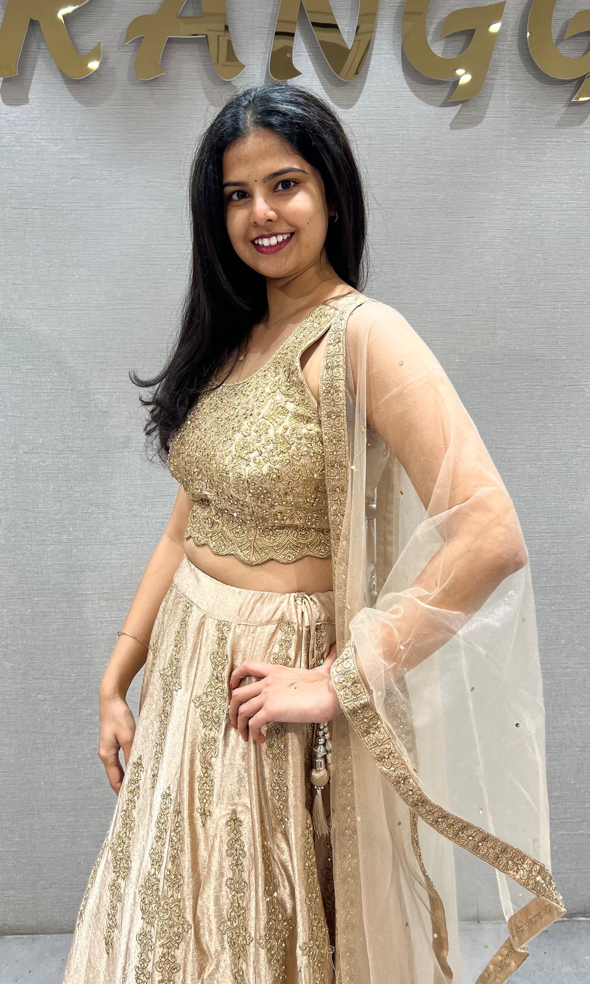 Gold Satin silk Embroidered Lehenga with Sheer net Dupatta