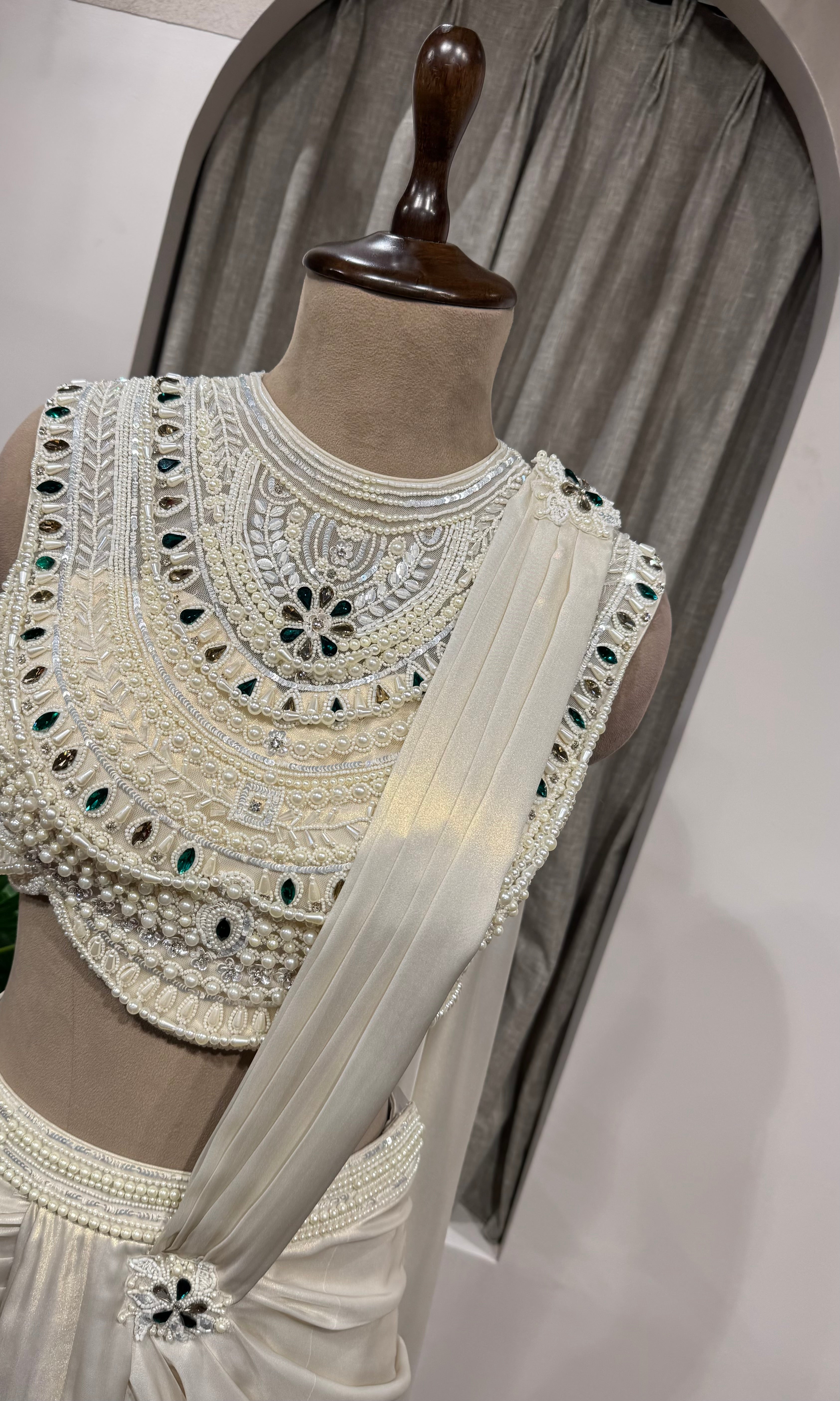White Mirror and Pearl Embroidered Satin Draped SKIRT