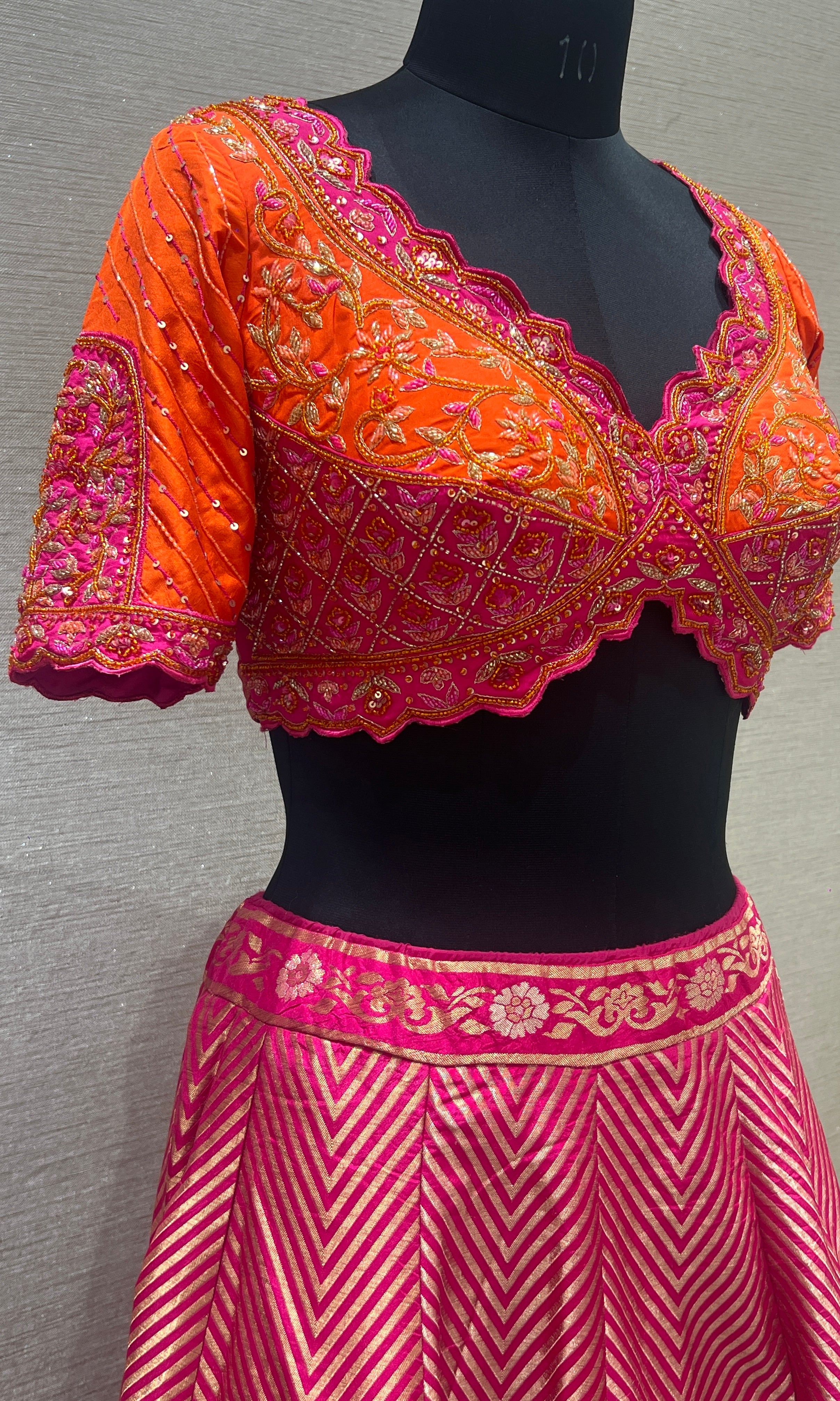 Pink and orange Banarasi Lehenga
