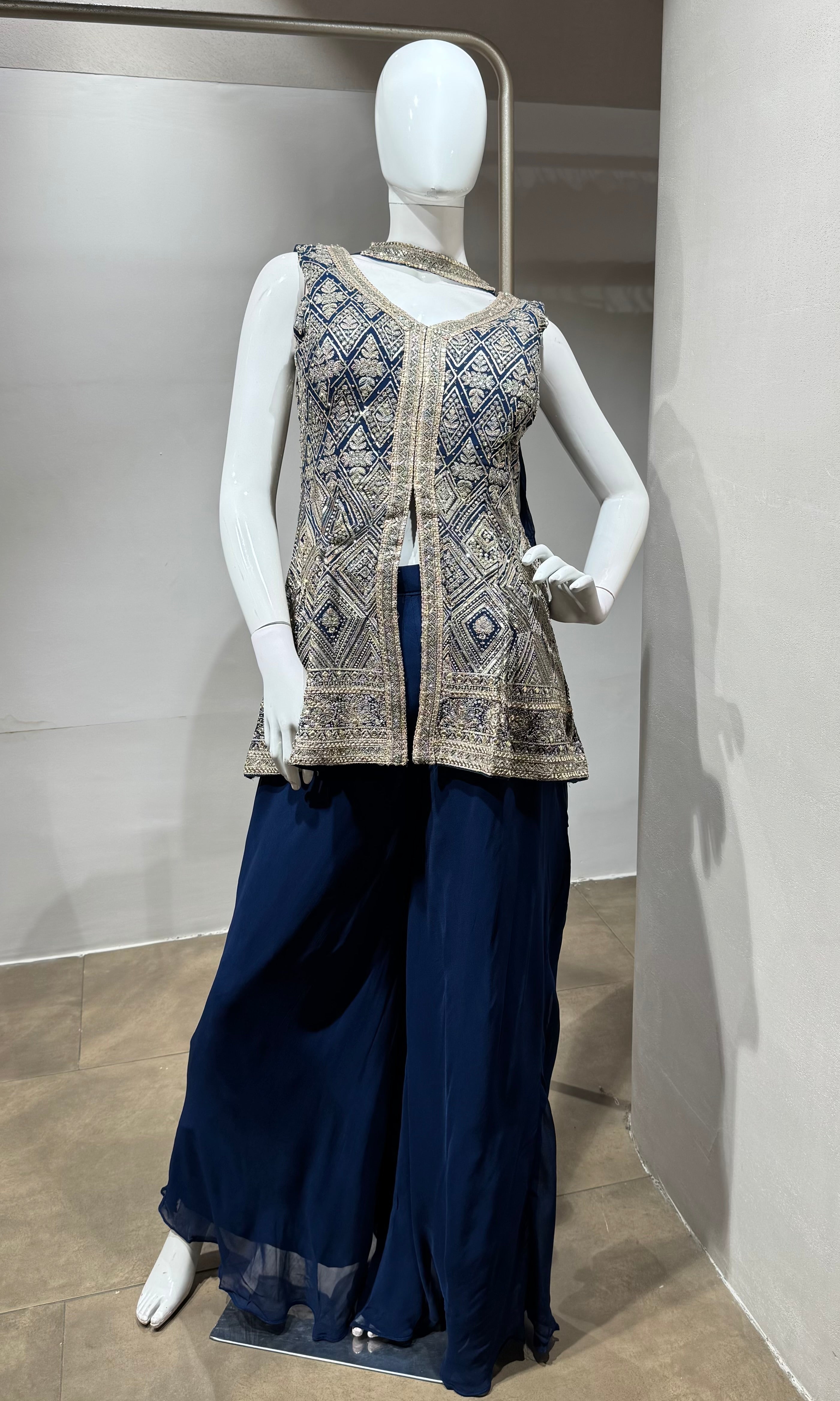 Blue Embellished Peplum Palazzo Set
