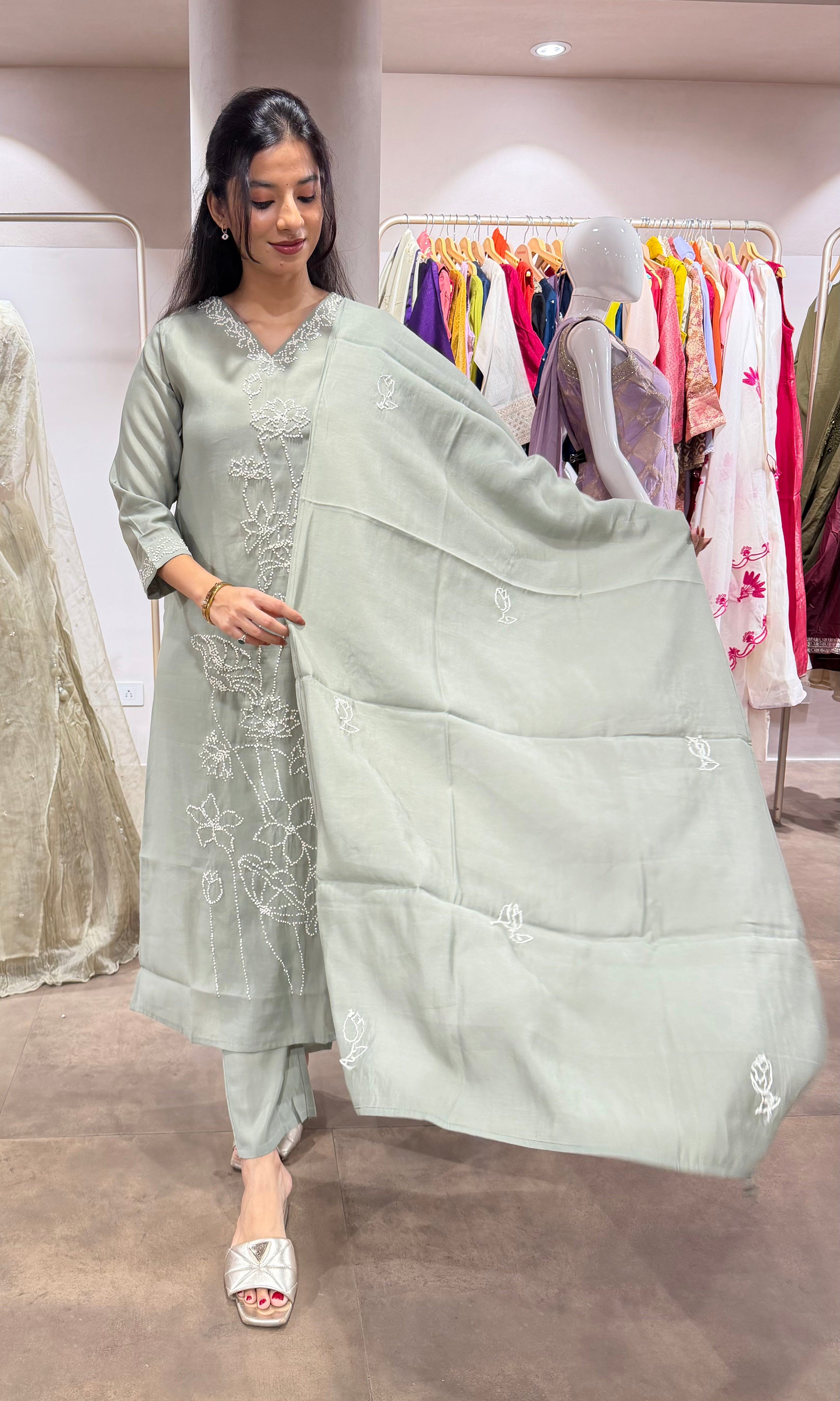LIGHT Green Floral Embroidered KURTA SET