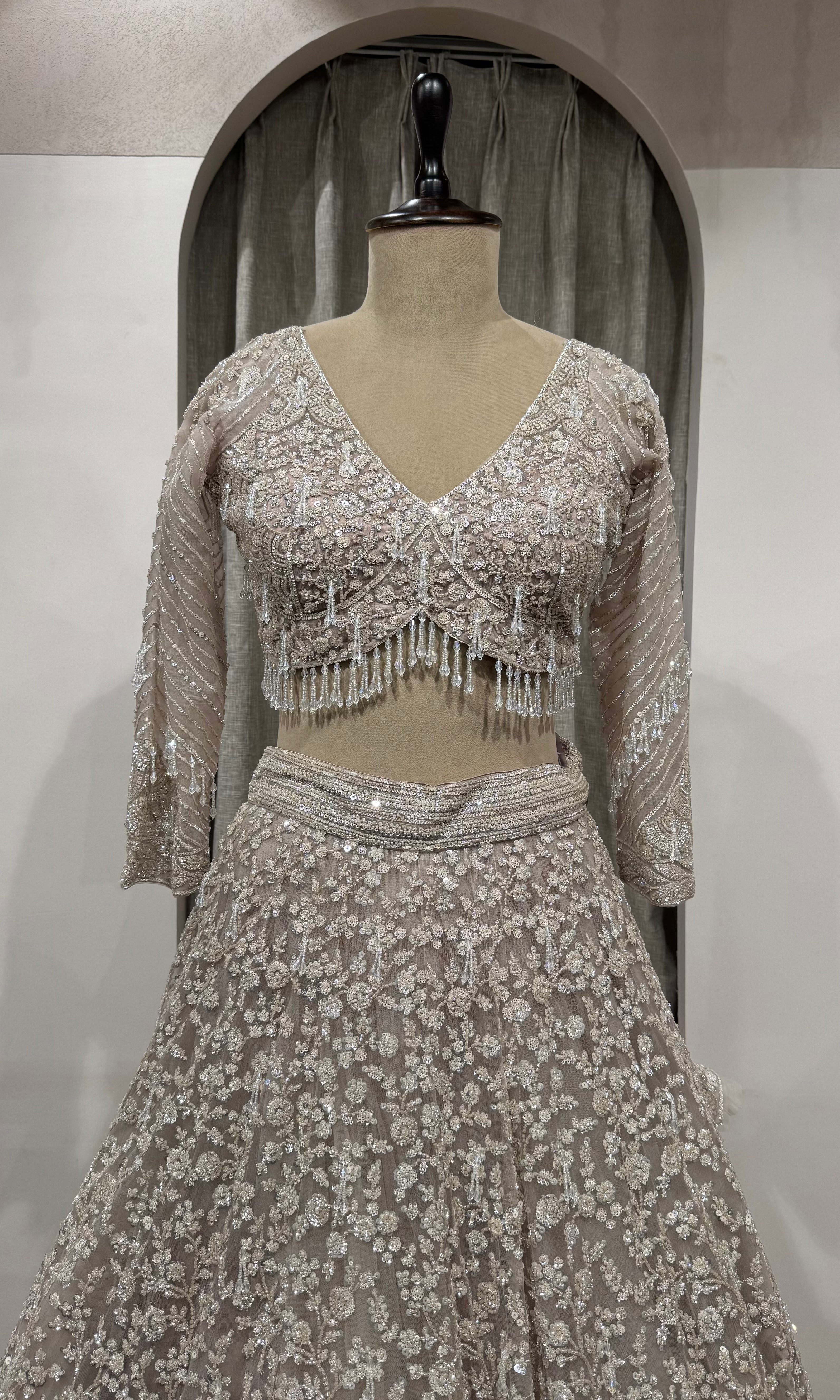 Grey Silver Net Heavy Embroidered Bridal Lehenga Set