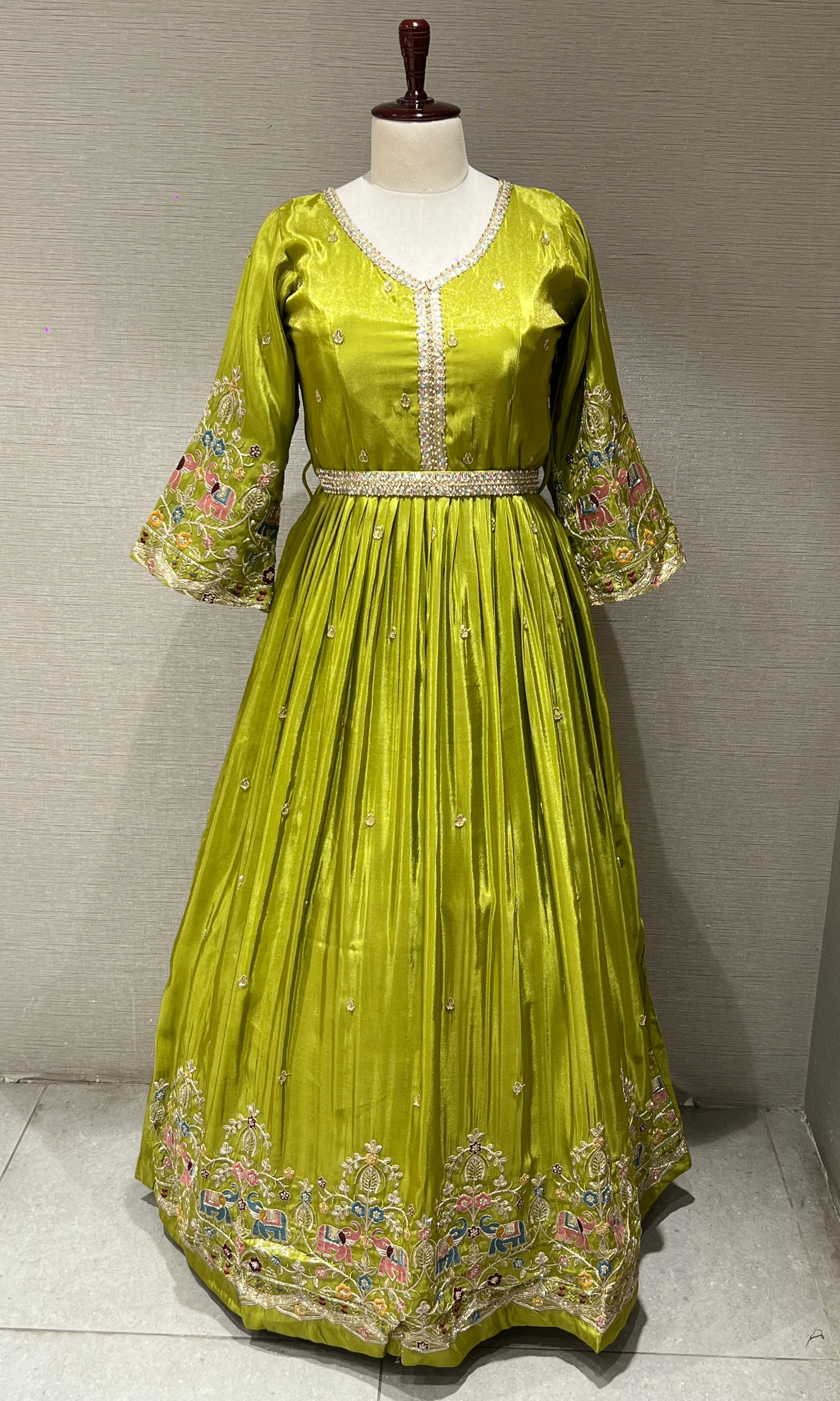 Parrot Green Anarkali Long Gown with Multicolor Thread Work