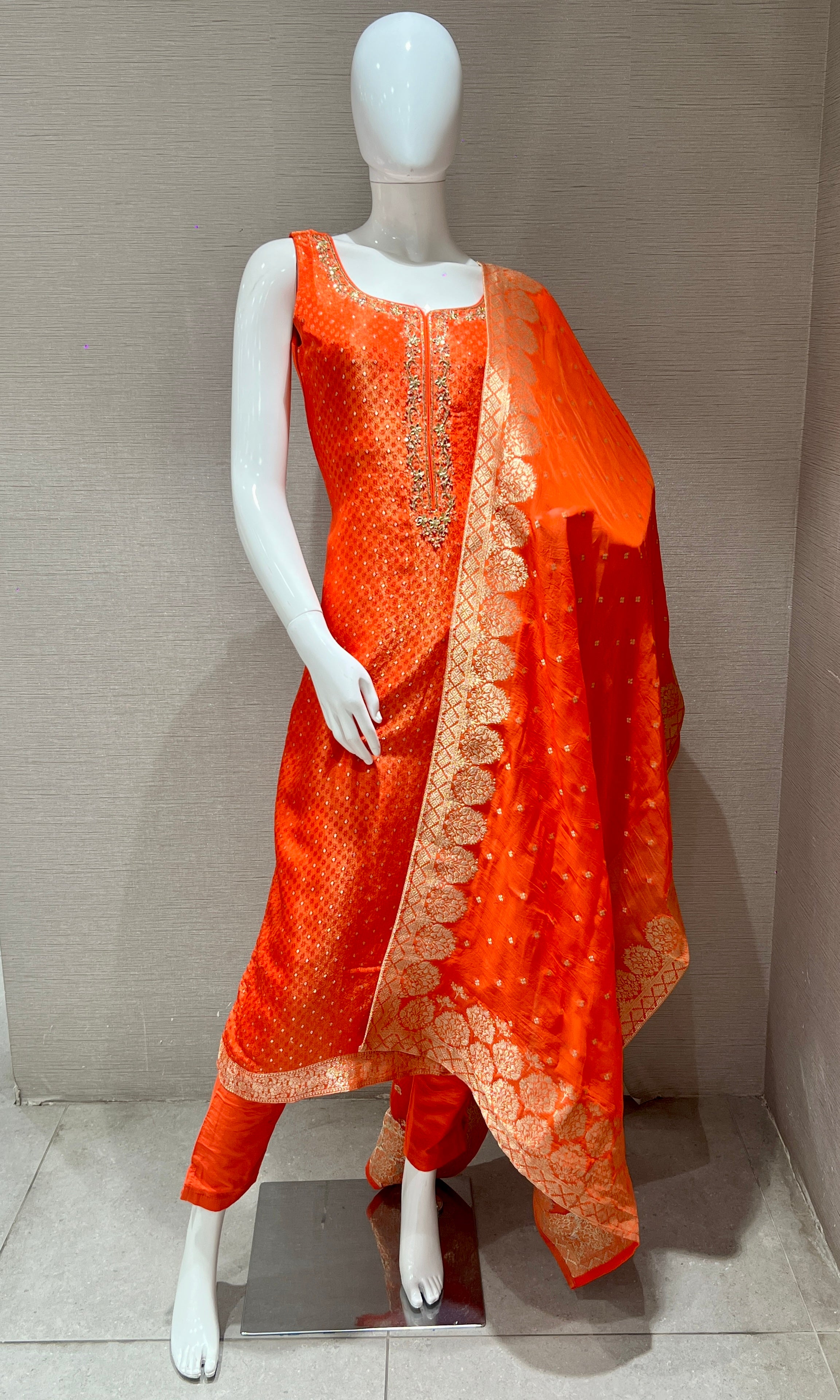 Orange and gold kurta set with banarasi dupatta