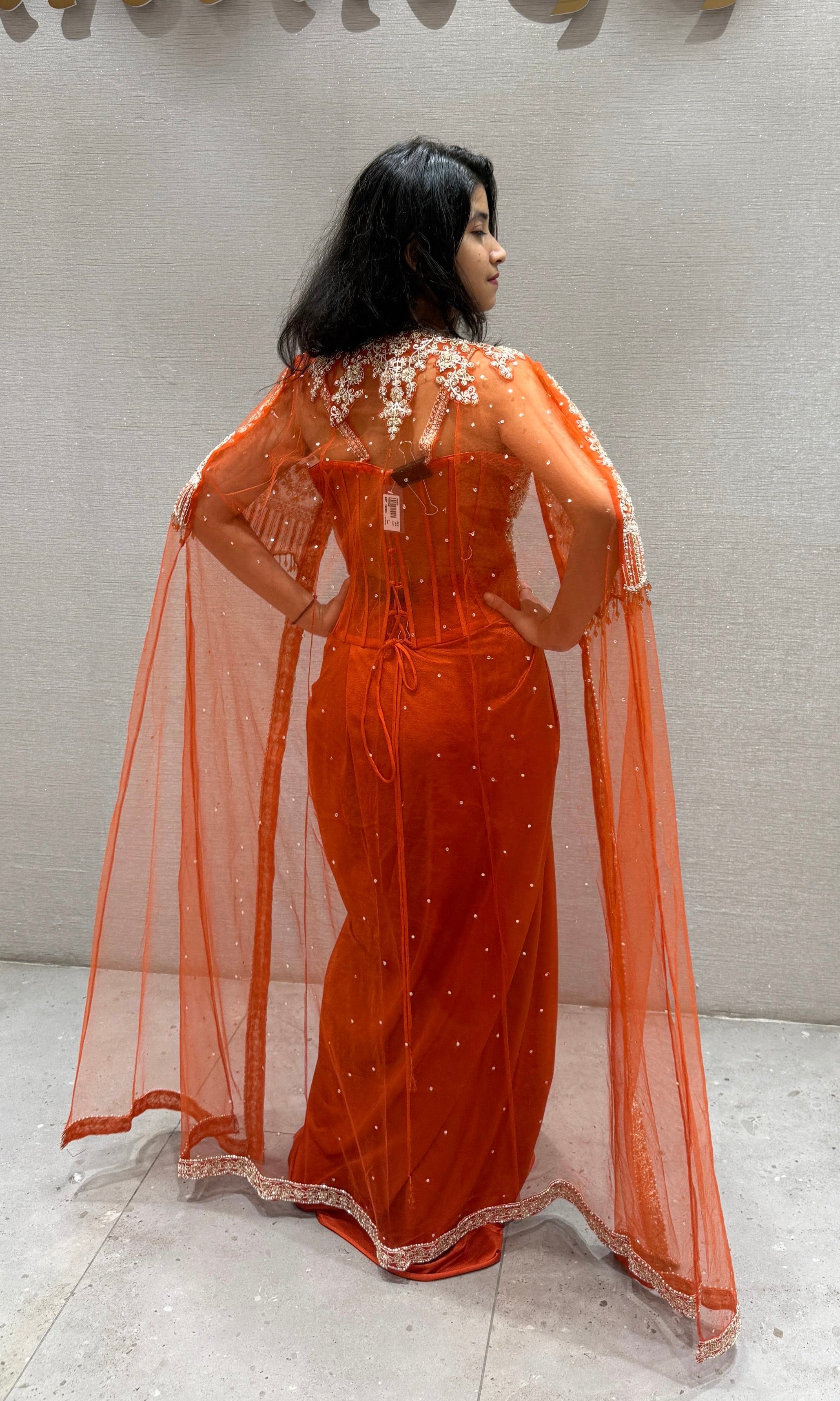 ORANGE 3 PIECE INDO WESTERN DRESS WITH SHRUG