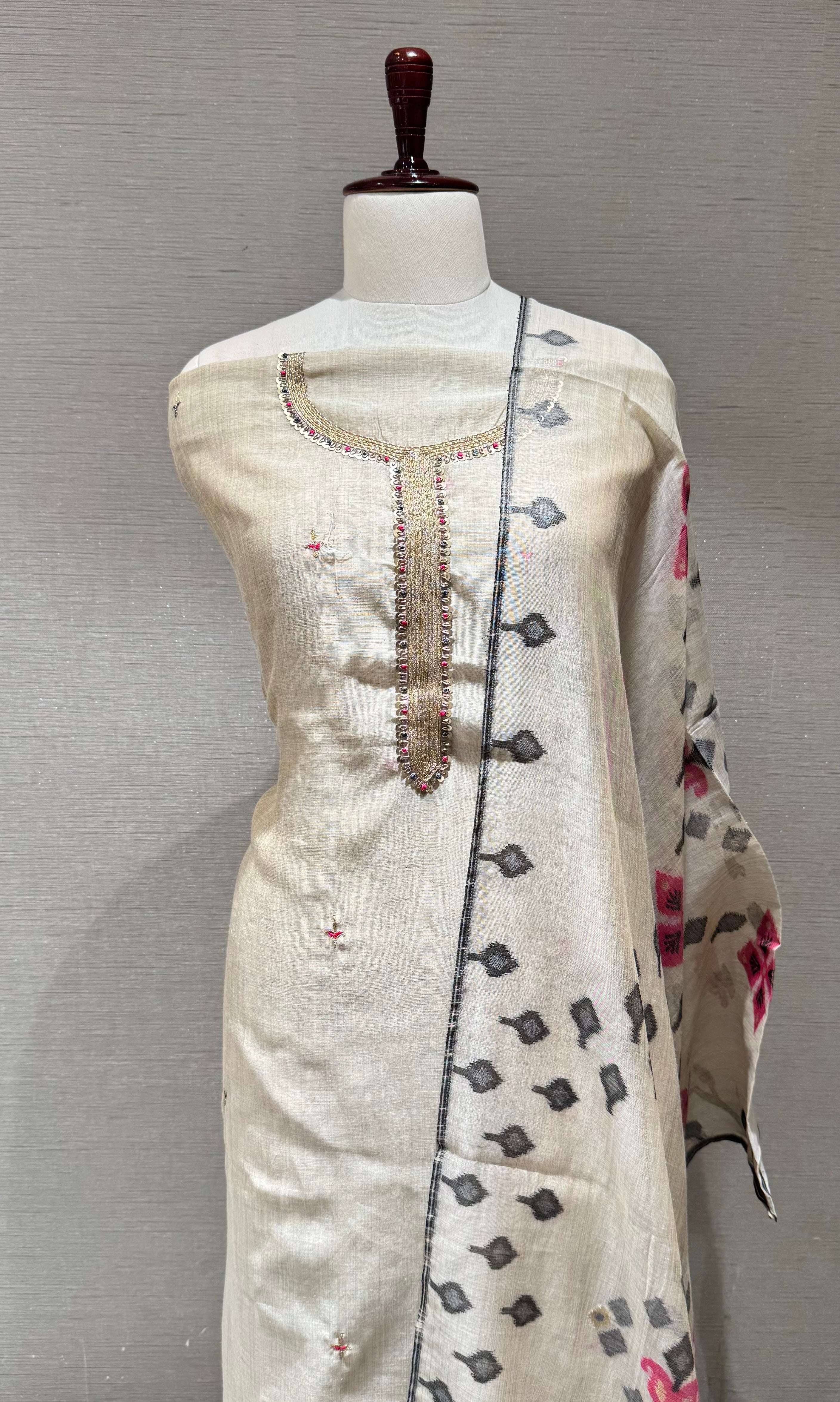 Beige & Pastel Pink Print Dress Material