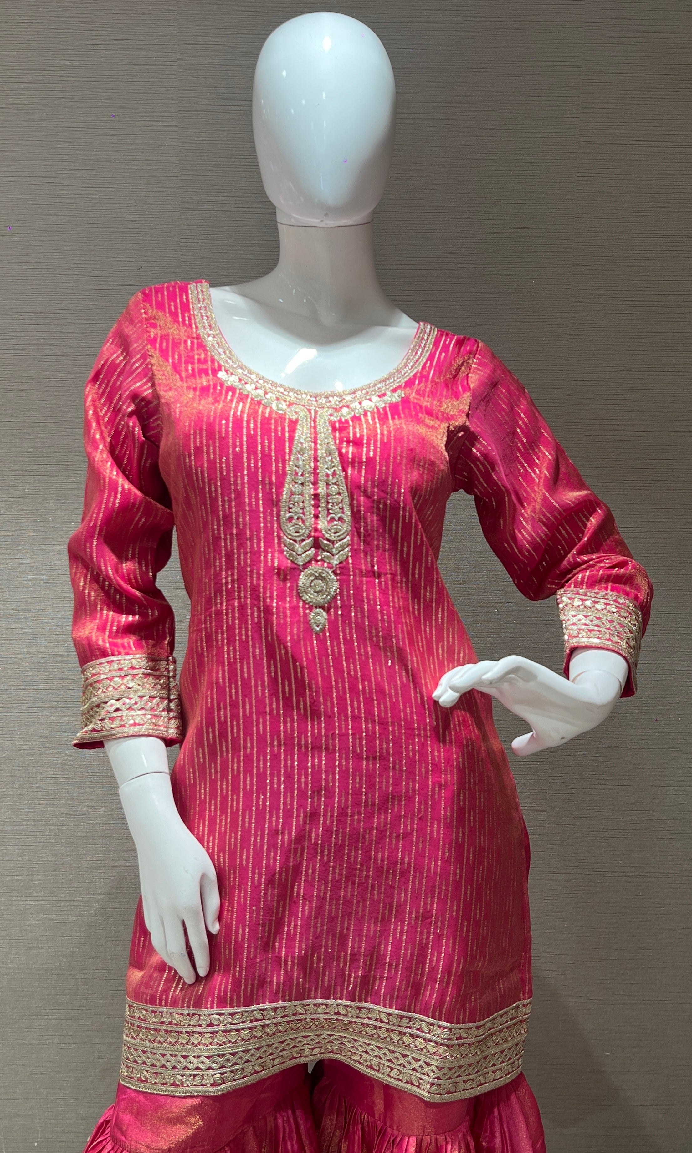 Pink gold embroidered sharara set with floral dupatta