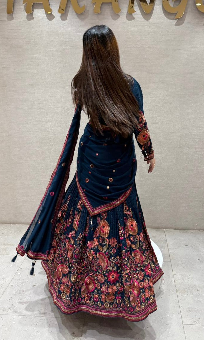 Teal blue floral sequins Lehenga