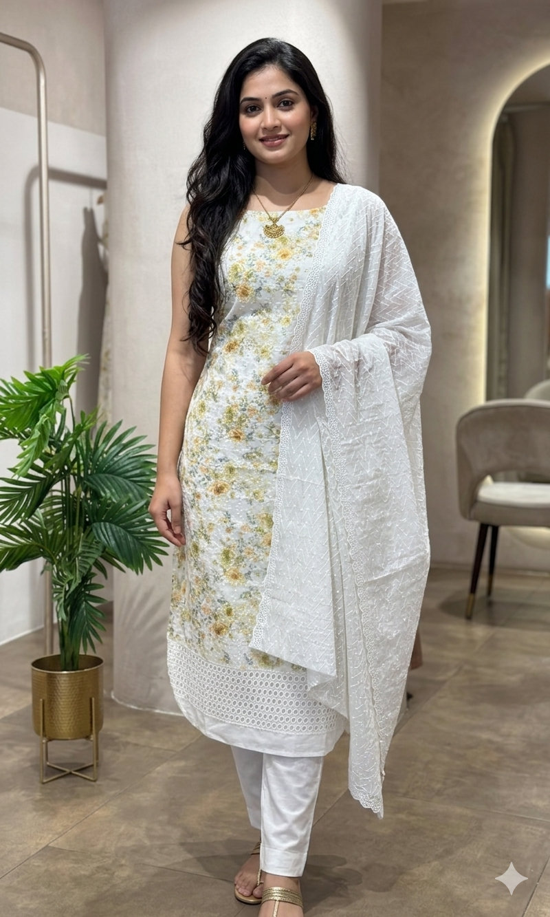 GREEN Floral Chikankari DRESS MATERIAL
