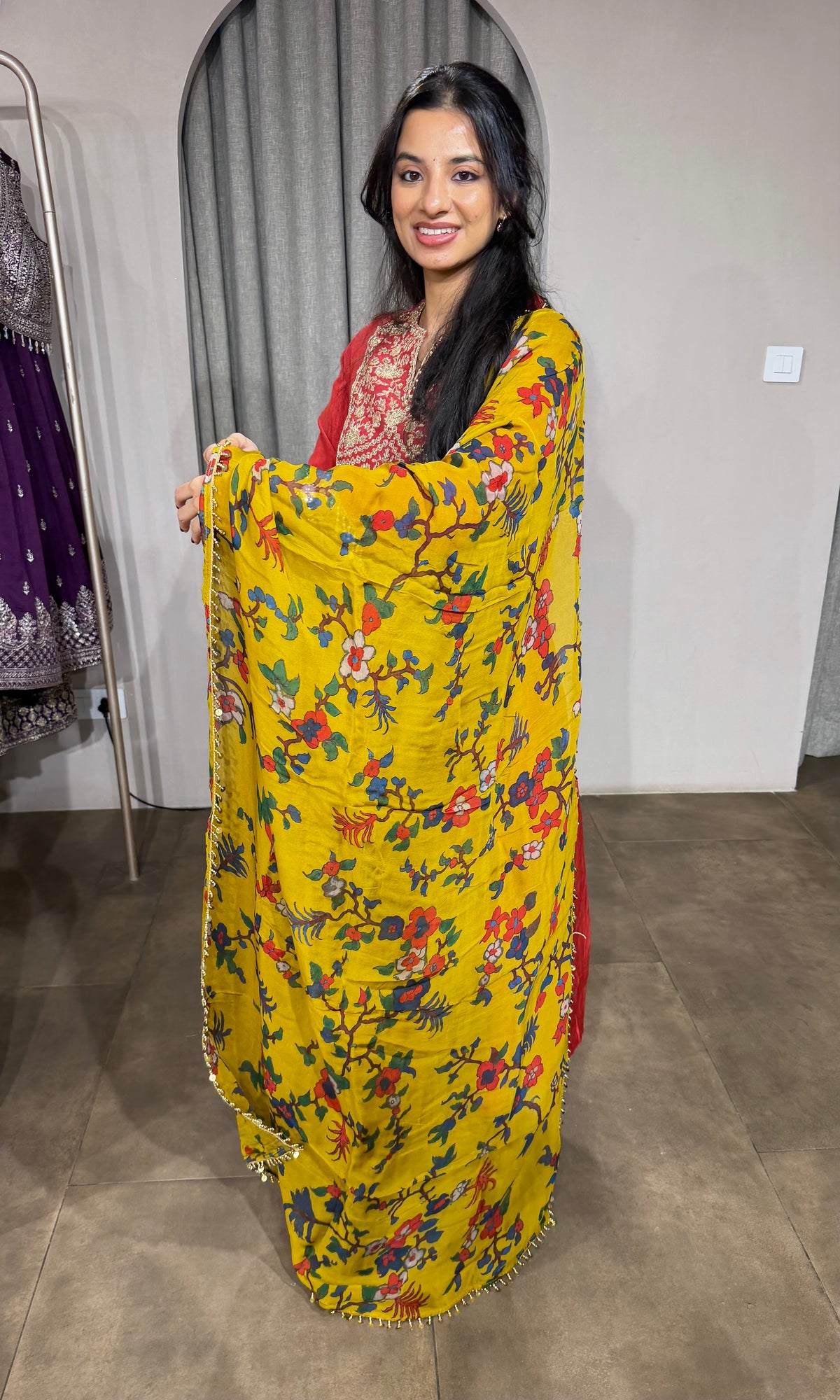 Red Mul Chanderi Kurta Set with Floral Mustard Dupatta