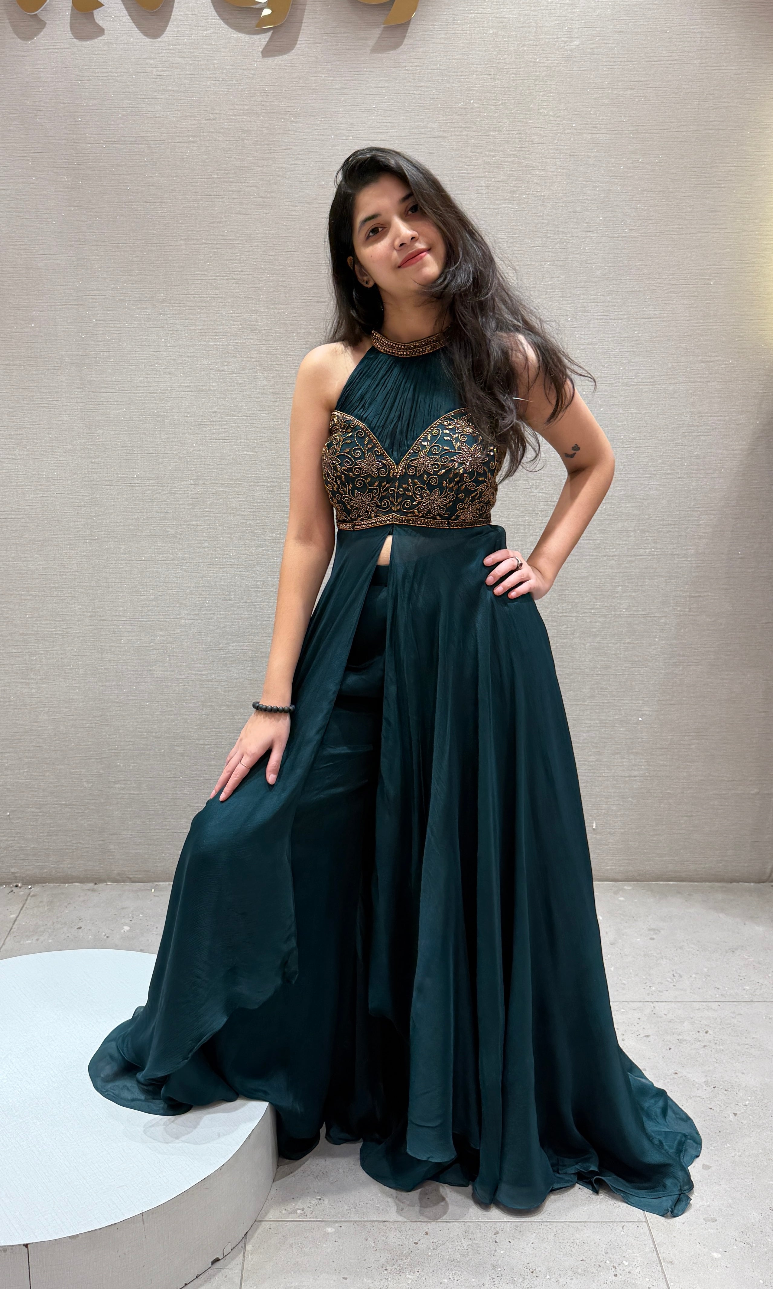 Peacock blue halter neck front silt gown