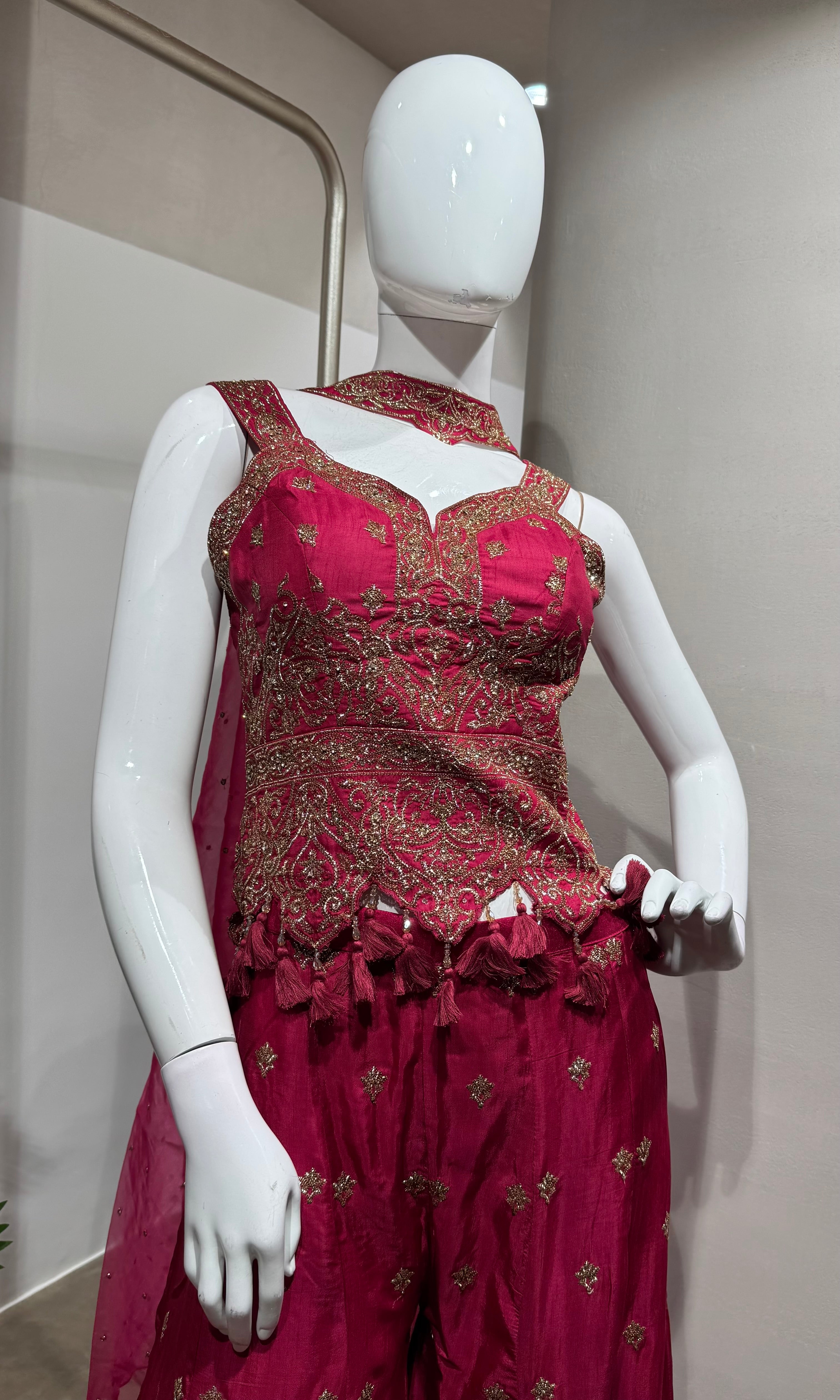 Pink Embroidered Peplum & Palazzo Ensemble
