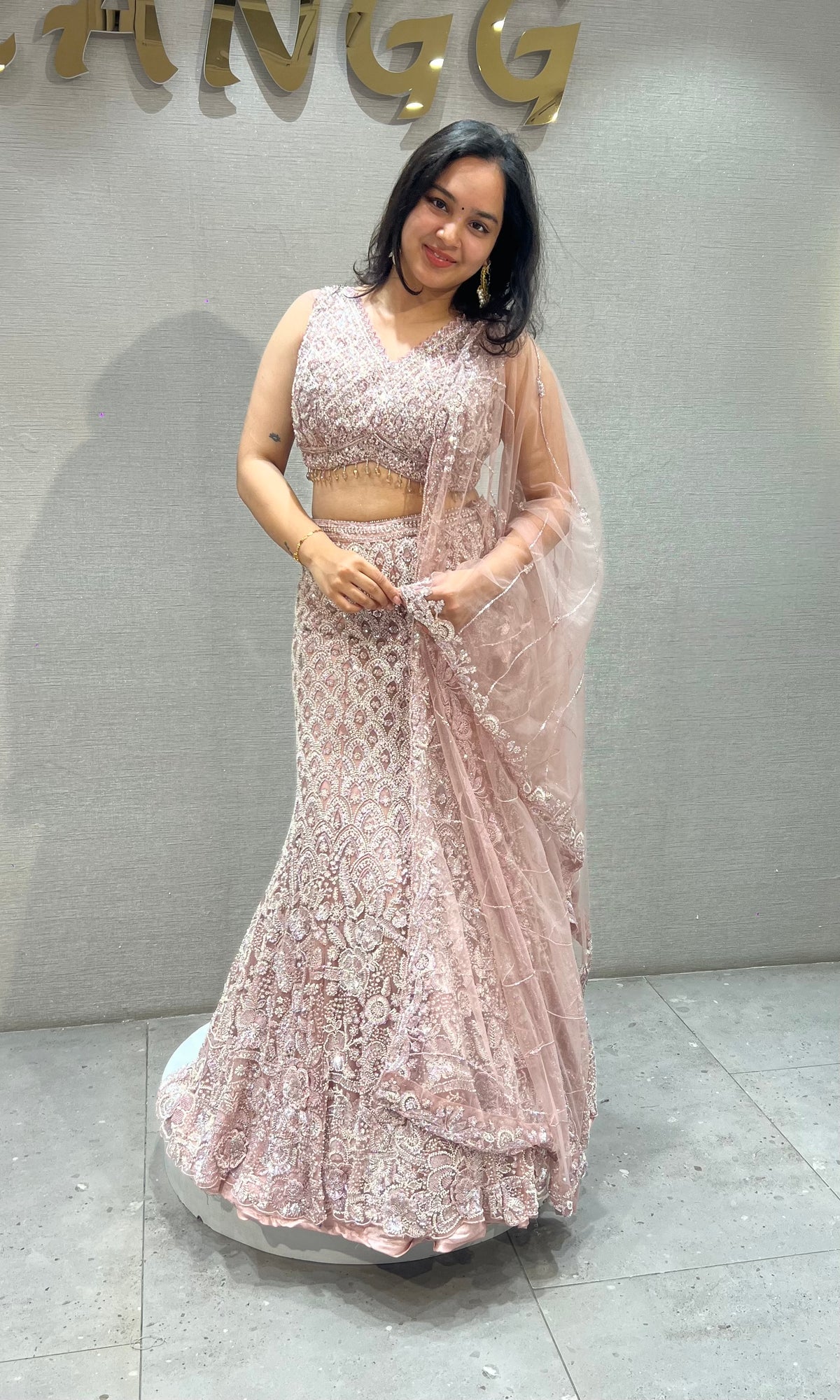 Onion Pink Embroidered fish cut Lehenga with Sheer Dupatta