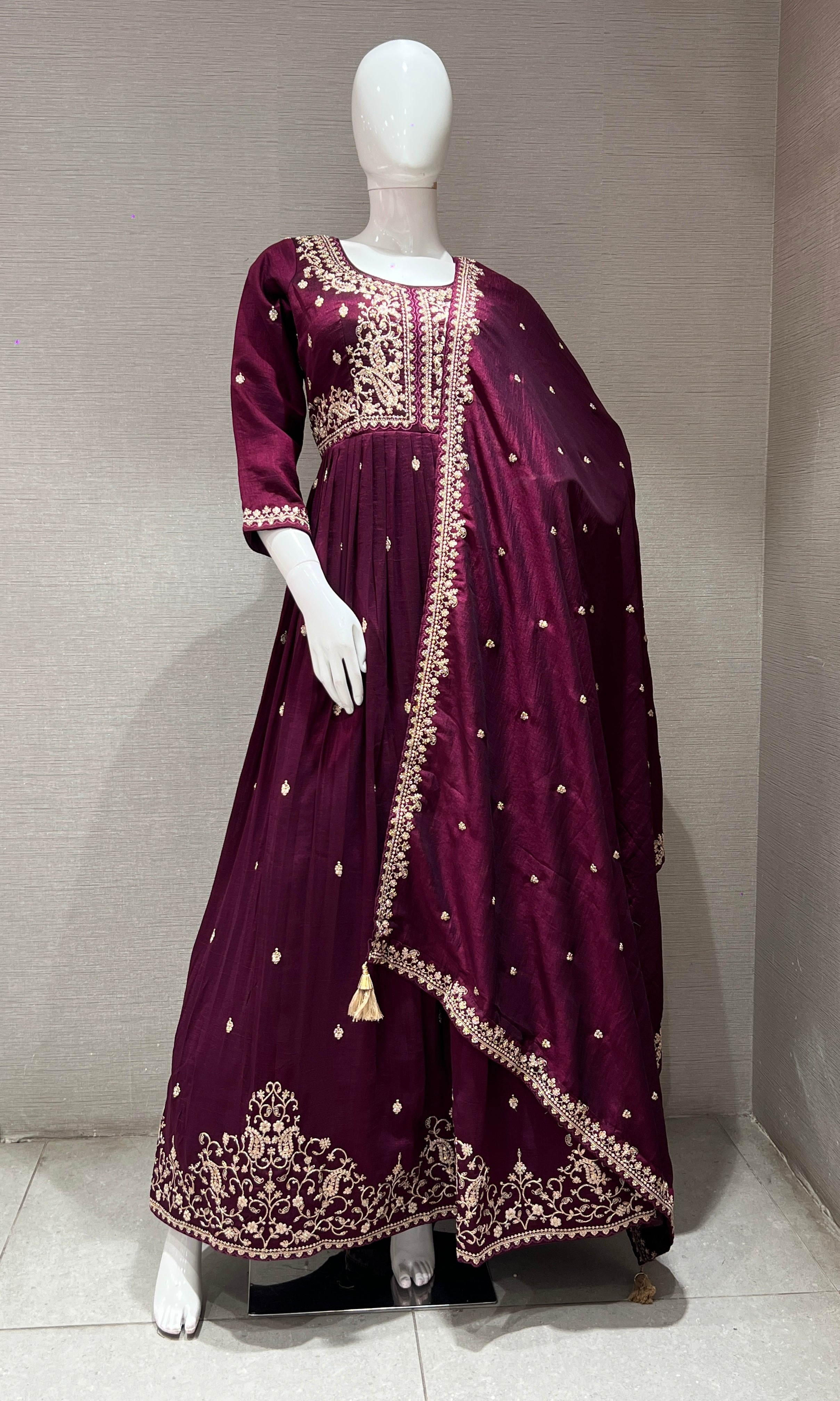 Wine EMBROIDERED ANARKALI LONG DRESS