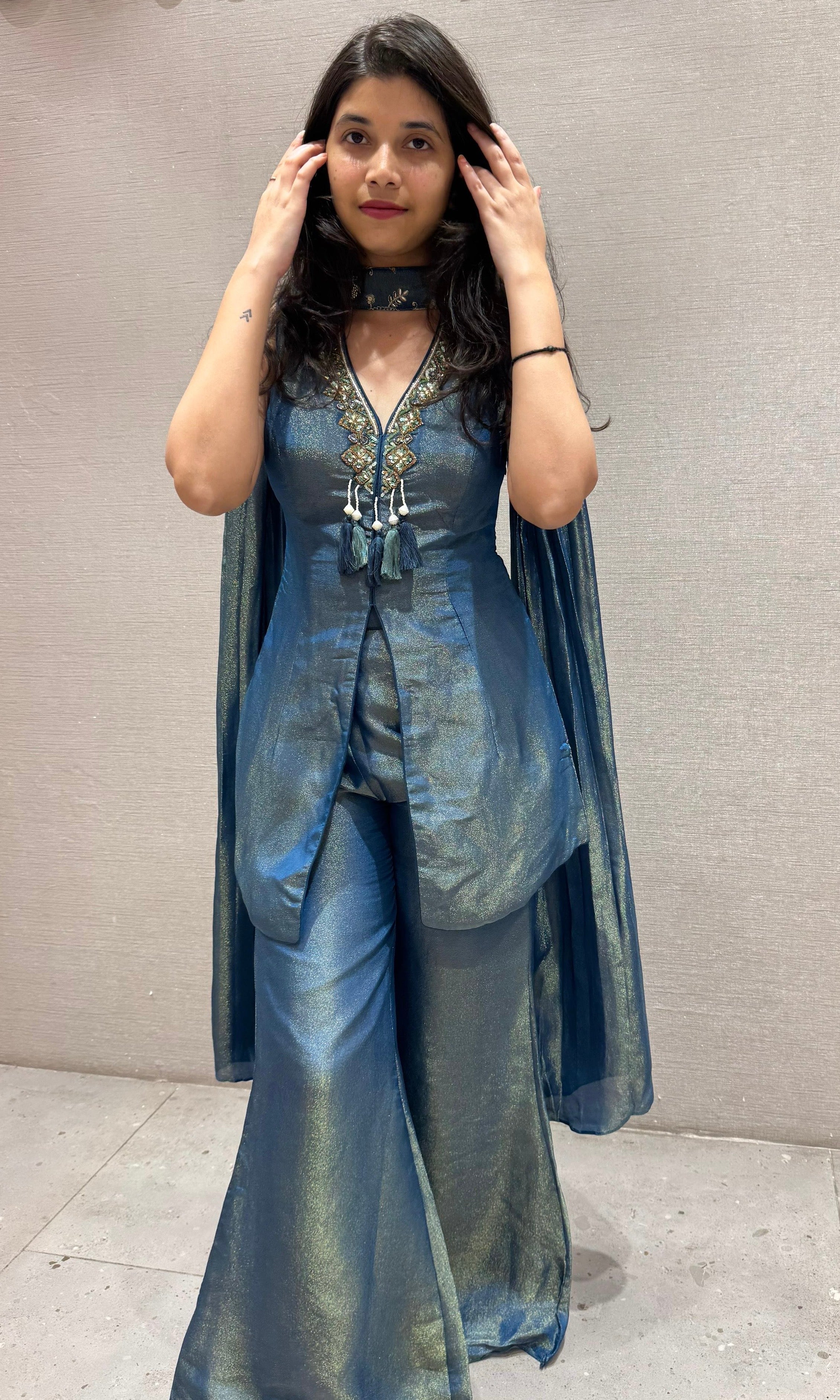Midnight Teal Embroidered Indo-Western Co-ord Set