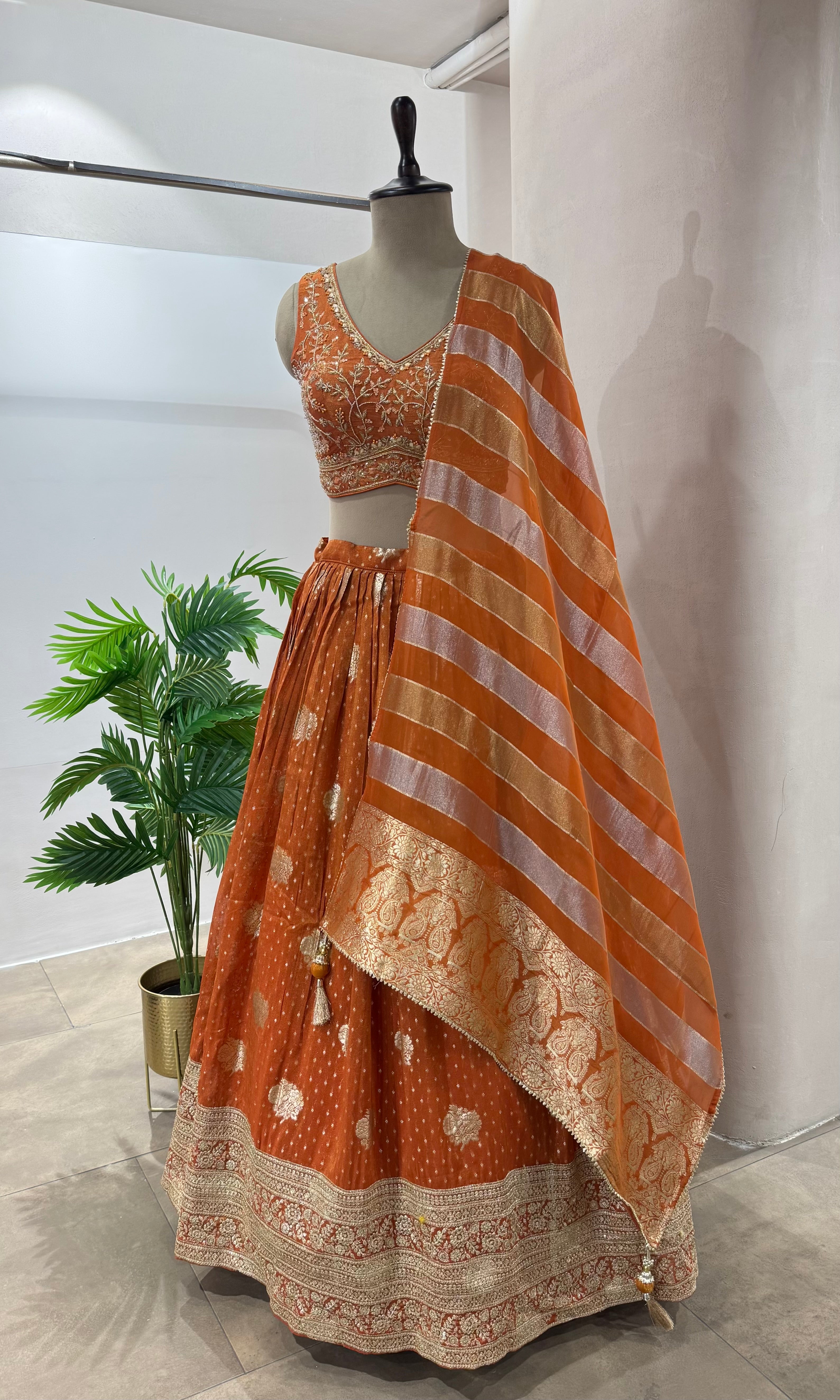 RUST GOLDEN EMBROIDERED LEHENGA WITH STRIPED DUPATTA