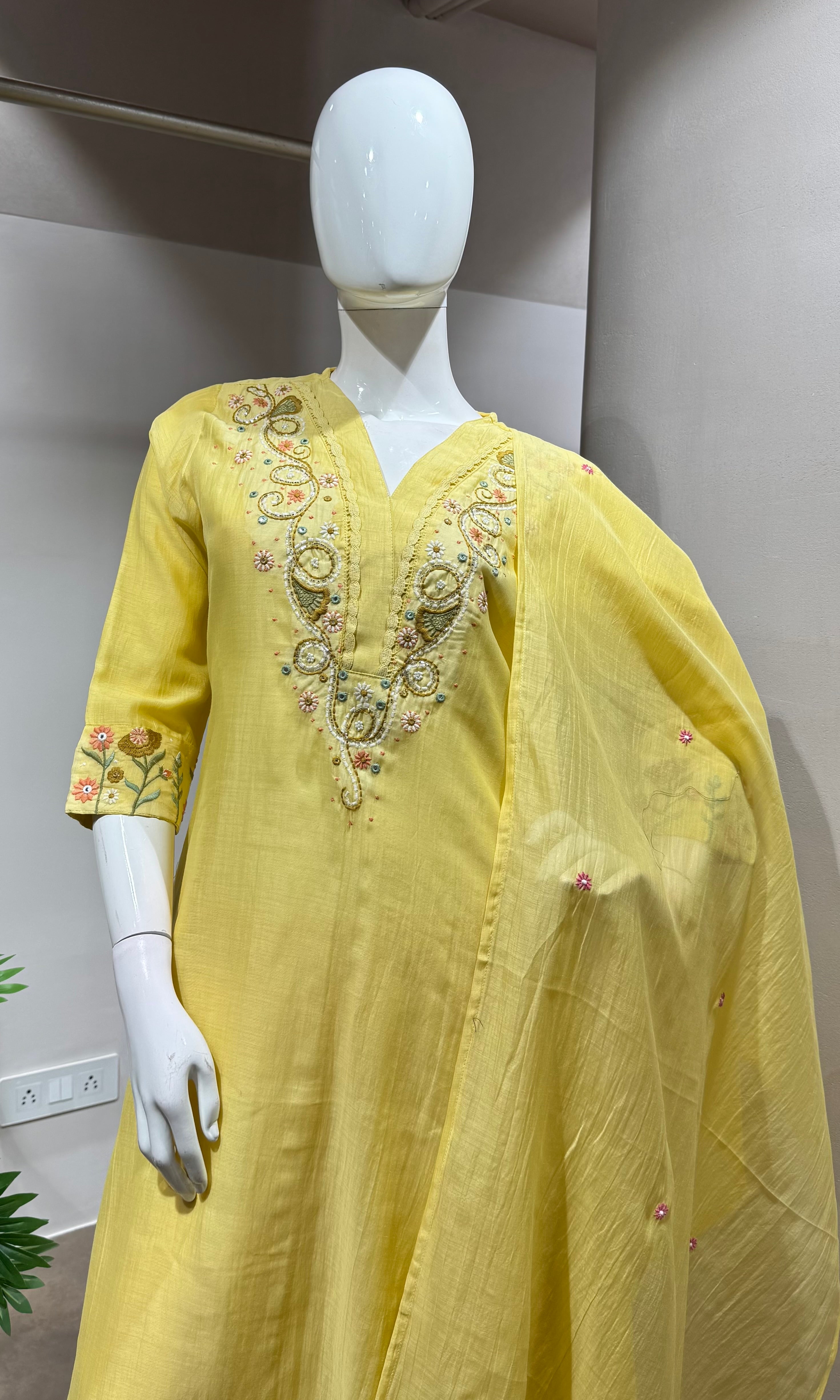 Yellow Mul Chanderi Embroidered Kurta Set